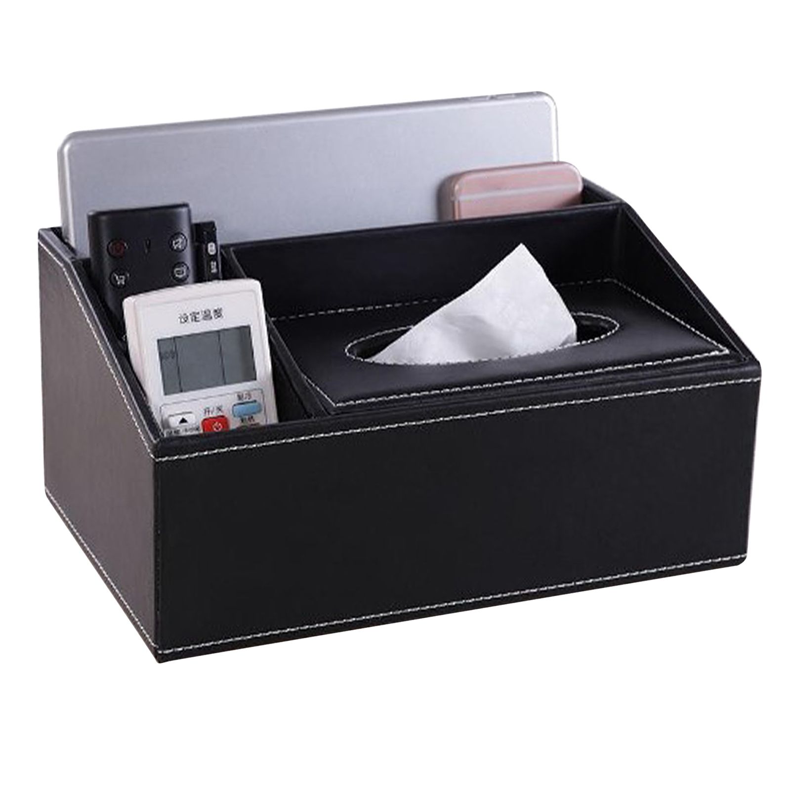 Multifunction Tissue Box Black Multiple Compartments Durable PU Leather Rectangular Tissue Box Cover for House Office - Image 3