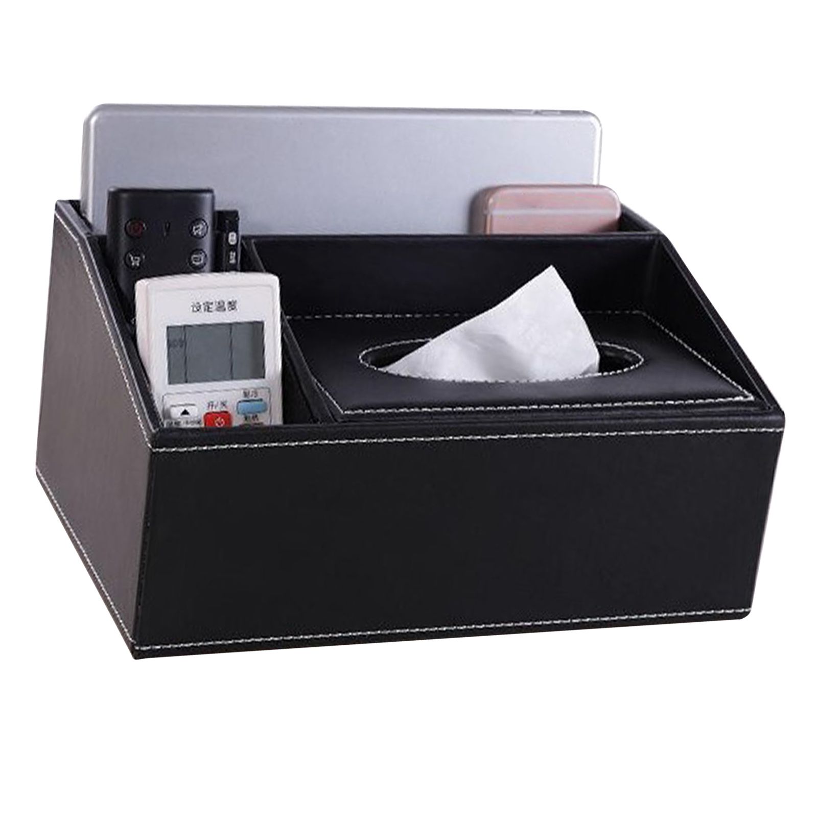 Multifunction Tissue Box Black Multiple Compartments Durable PU Leather Rectangular Tissue Box Cover for House Office - Image 4