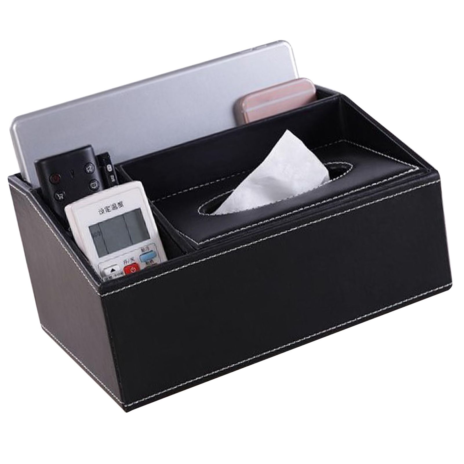 Multifunction Tissue Box Black Multiple Compartments Durable PU Leather Rectangular Tissue Box Cover for House Office - Image 5
