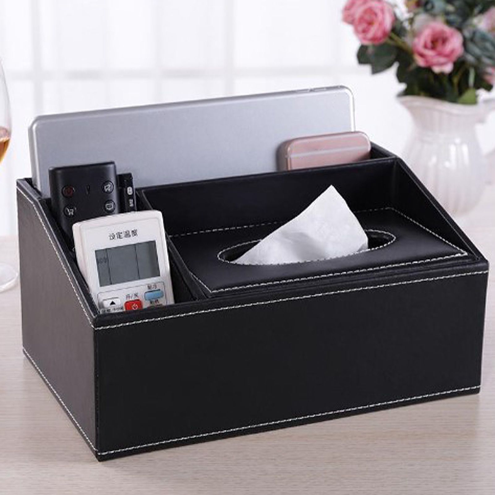 Multifunction Tissue Box Black Multiple Compartments Durable PU Leather Rectangular Tissue Box Cover for House Office - Image 6