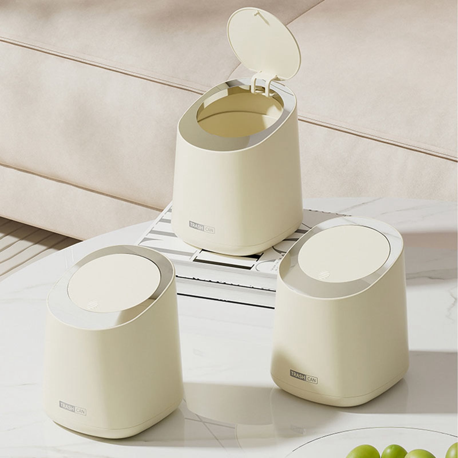 Mini Countertop Garbage Can Small Plastic Countertop Wastebasket Waste Can with Press Type Lid for Bathroom Bedroom Living Room Dressing Table Cream White - Image 5