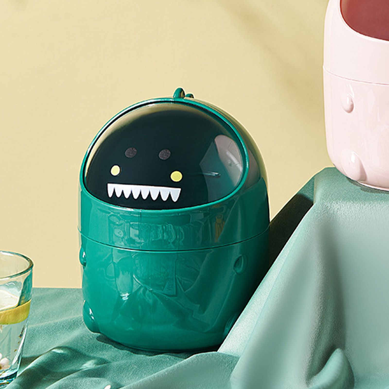 Desktop Trash Can Plastic with Lid Mini Small Cute Shaped for Dining Table Desk Home Office Easy Storage S Green - Image 6