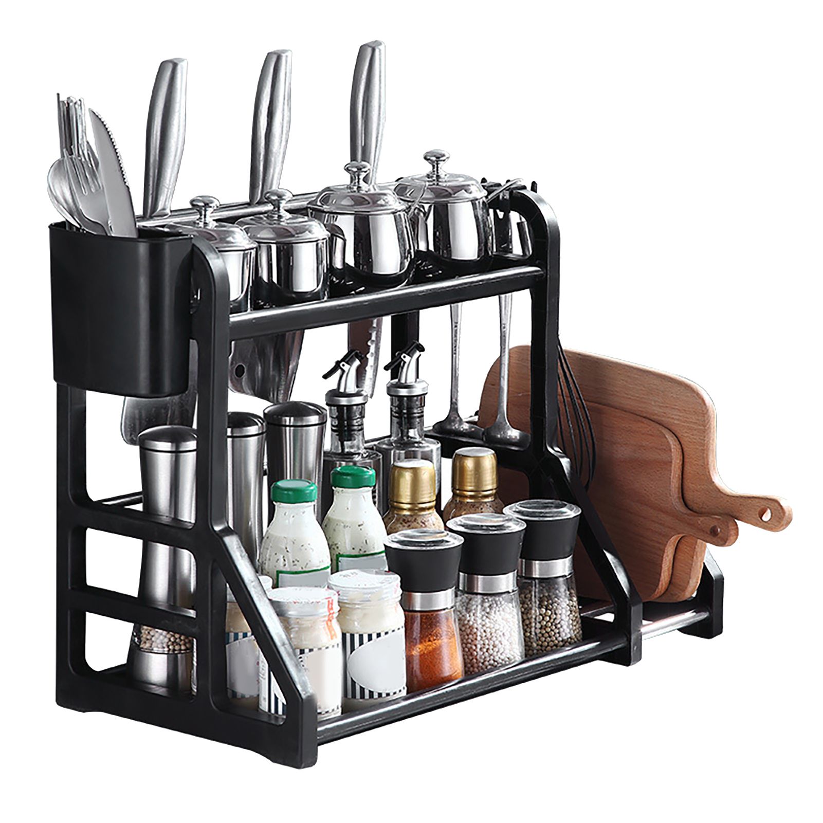 Kitchen Storage Rack Moveable Corner Shelf Spice Rack Double Layers Multifunctional Knife Stand Black - Image 1