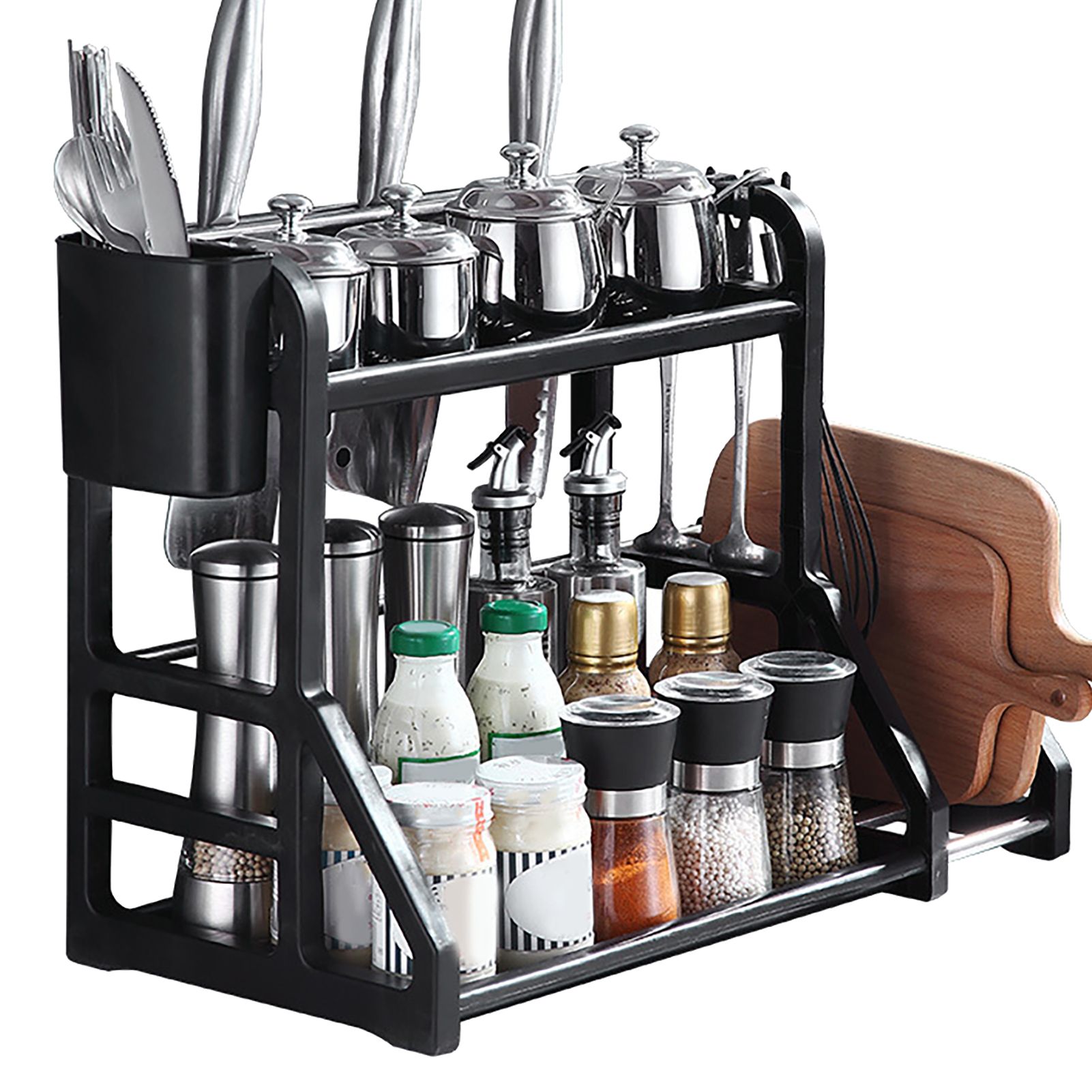 Kitchen Storage Rack Moveable Corner Shelf Spice Rack Double Layers Multifunctional Knife Stand Black - Image 2