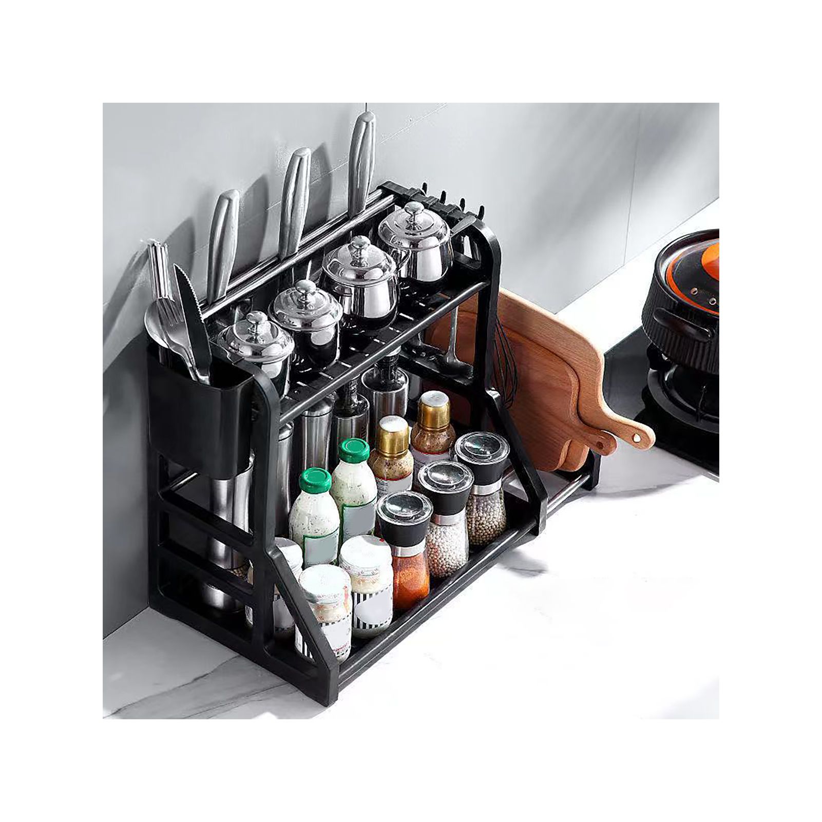 Kitchen Storage Rack Moveable Corner Shelf Spice Rack Double Layers Multifunctional Knife Stand Black - Image 3