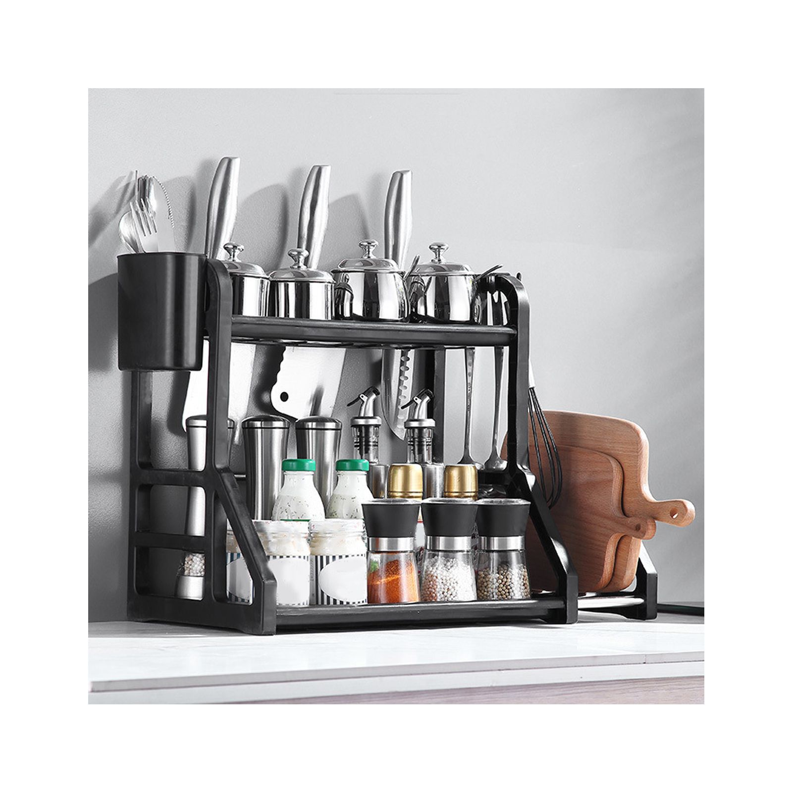 Kitchen Storage Rack Moveable Corner Shelf Spice Rack Double Layers Multifunctional Knife Stand Black - Image 4