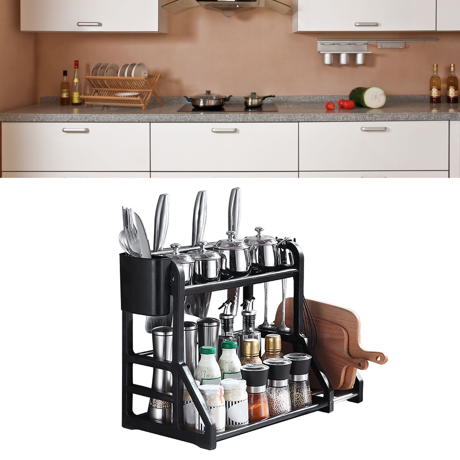 Kitchen Storage Rack Moveable Corner Shelf Spice Rack Double Layers Multifunctional Knife Stand Black - Image 5