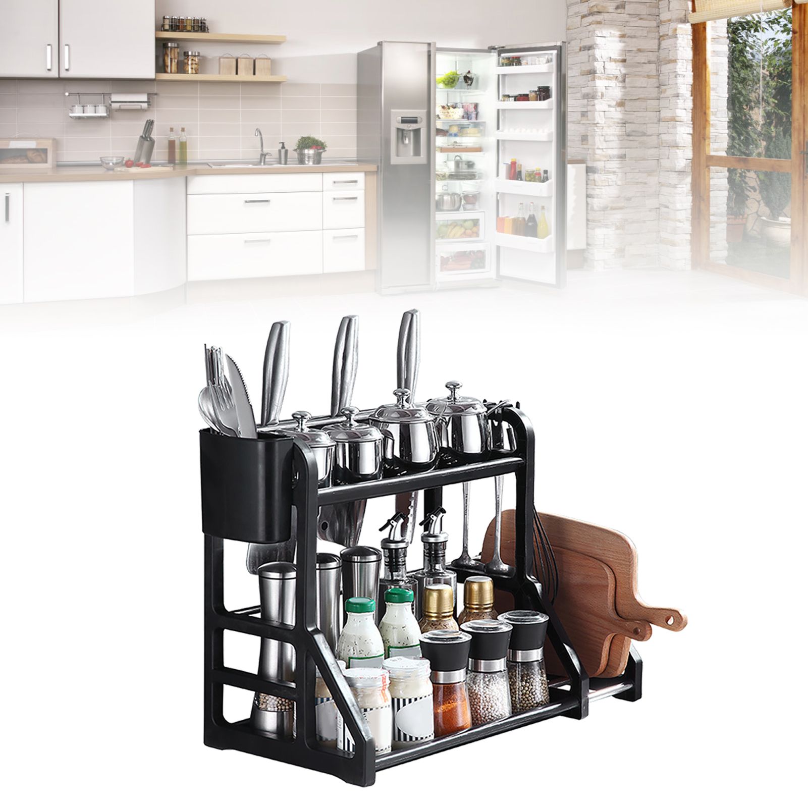 Kitchen Storage Rack Moveable Corner Shelf Spice Rack Double Layers Multifunctional Knife Stand Black - Image 6