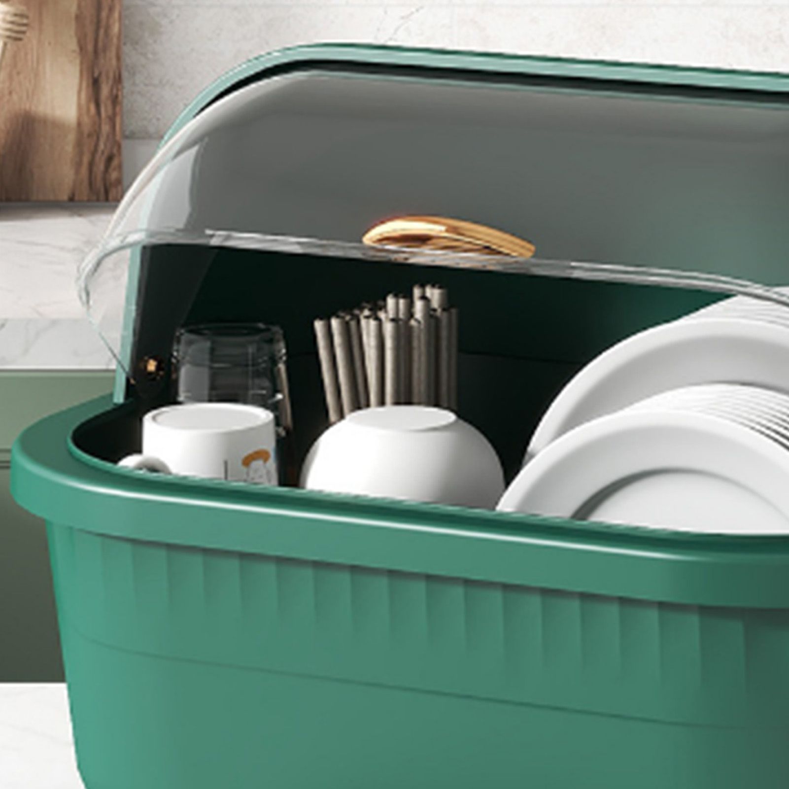 Dish Drying Box Multifunctional Space Saving Dish Drainer with Lid Cover for Kitchen Accessories Green M - Image 7