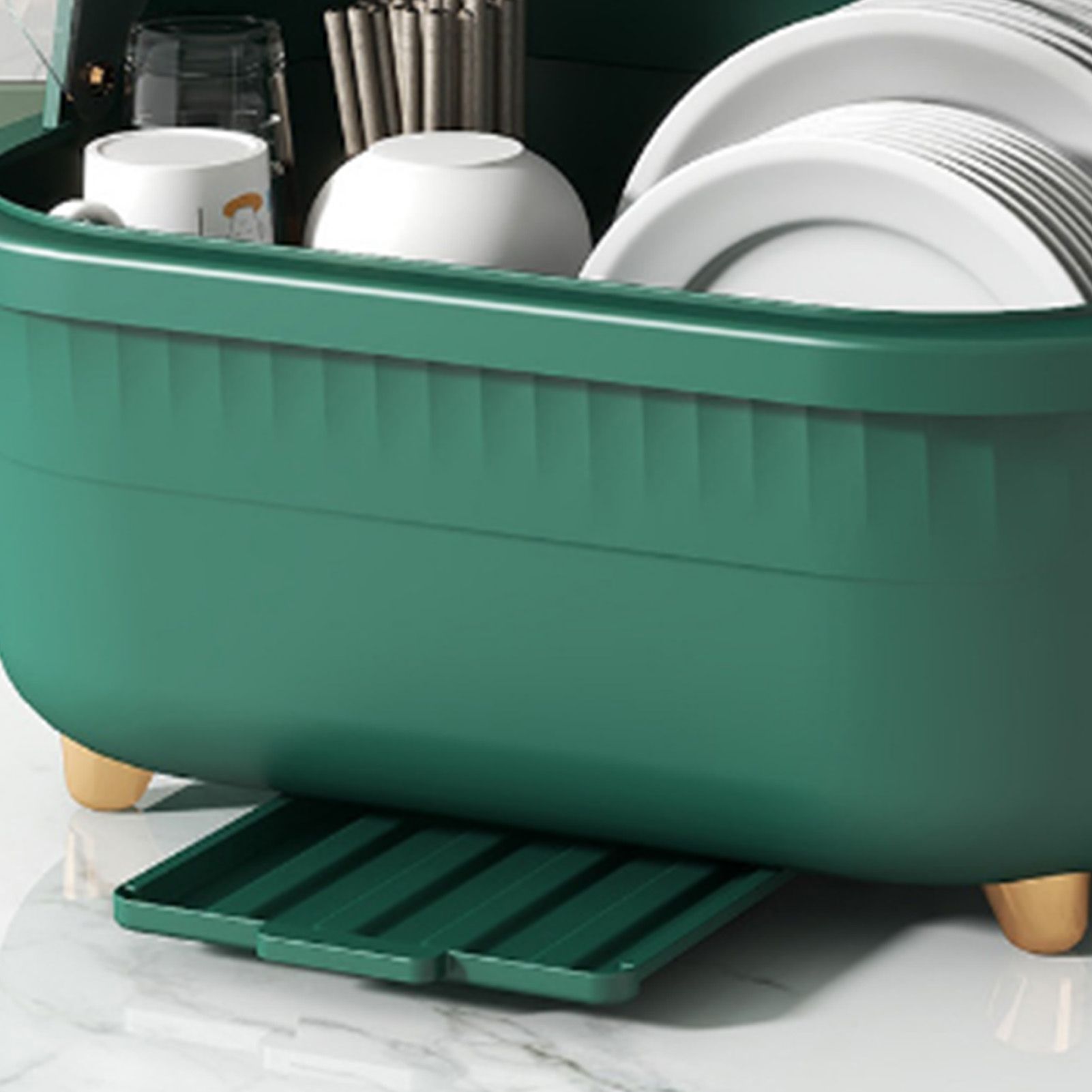 Dish Drying Box Multifunctional Space Saving Dish Drainer with Lid Cover for Kitchen Accessories Green L - Image 8