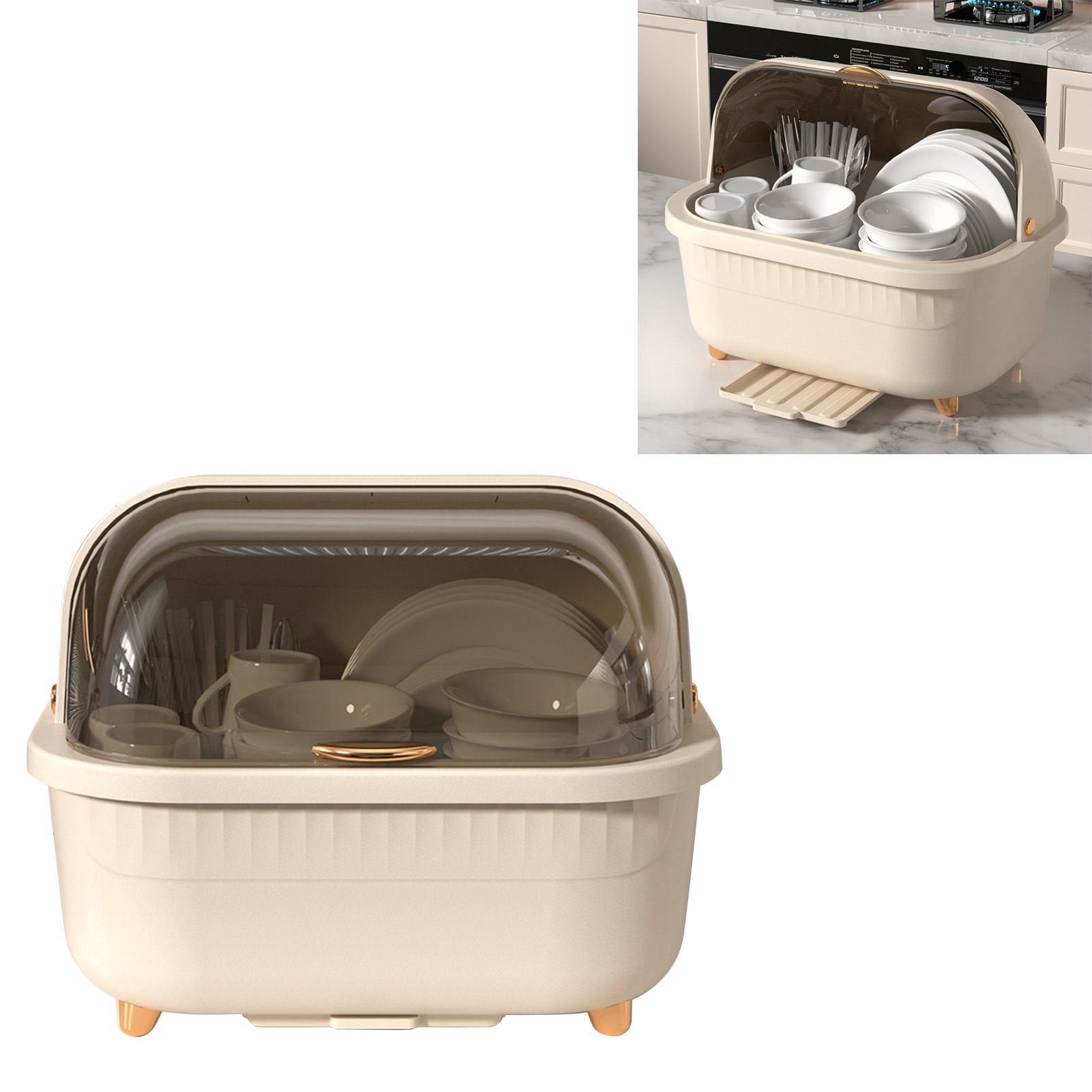 Dish Drying Box Multifunctional Space Saving Dish Drainer with Lid Cover for Kitchen Accessories Apricot M - Image 5