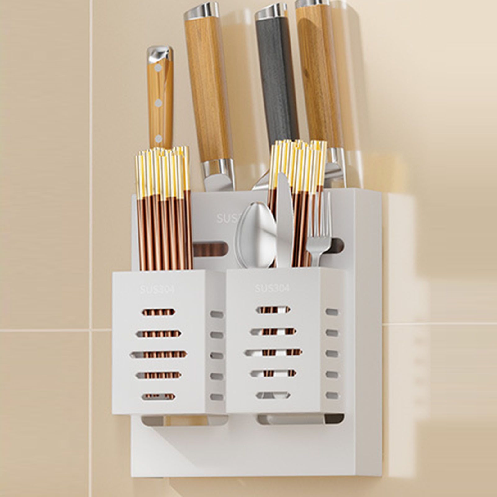 Utensil Holder Stainless Steel Wall Mount Chopstick Draining Storage Shelf for Home Kitchen Glossy - Image 4