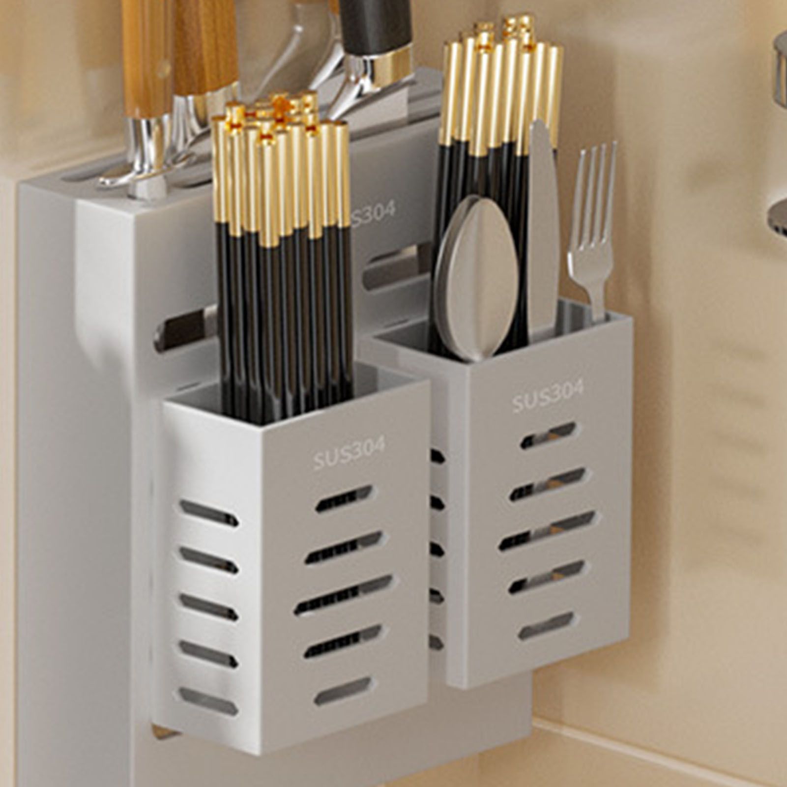 Utensil Holder Stainless Steel Wall Mount Chopstick Draining Storage Shelf for Home Kitchen Glossy - Image 6