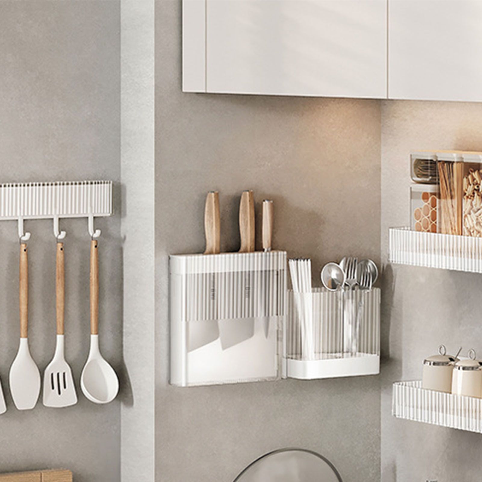 Kitchen Utensil Holder ABS Wall Mounted Multifunctional Draining Chopstick Cage Spoon Forks Storage Box for Home Countertop White - Image 7