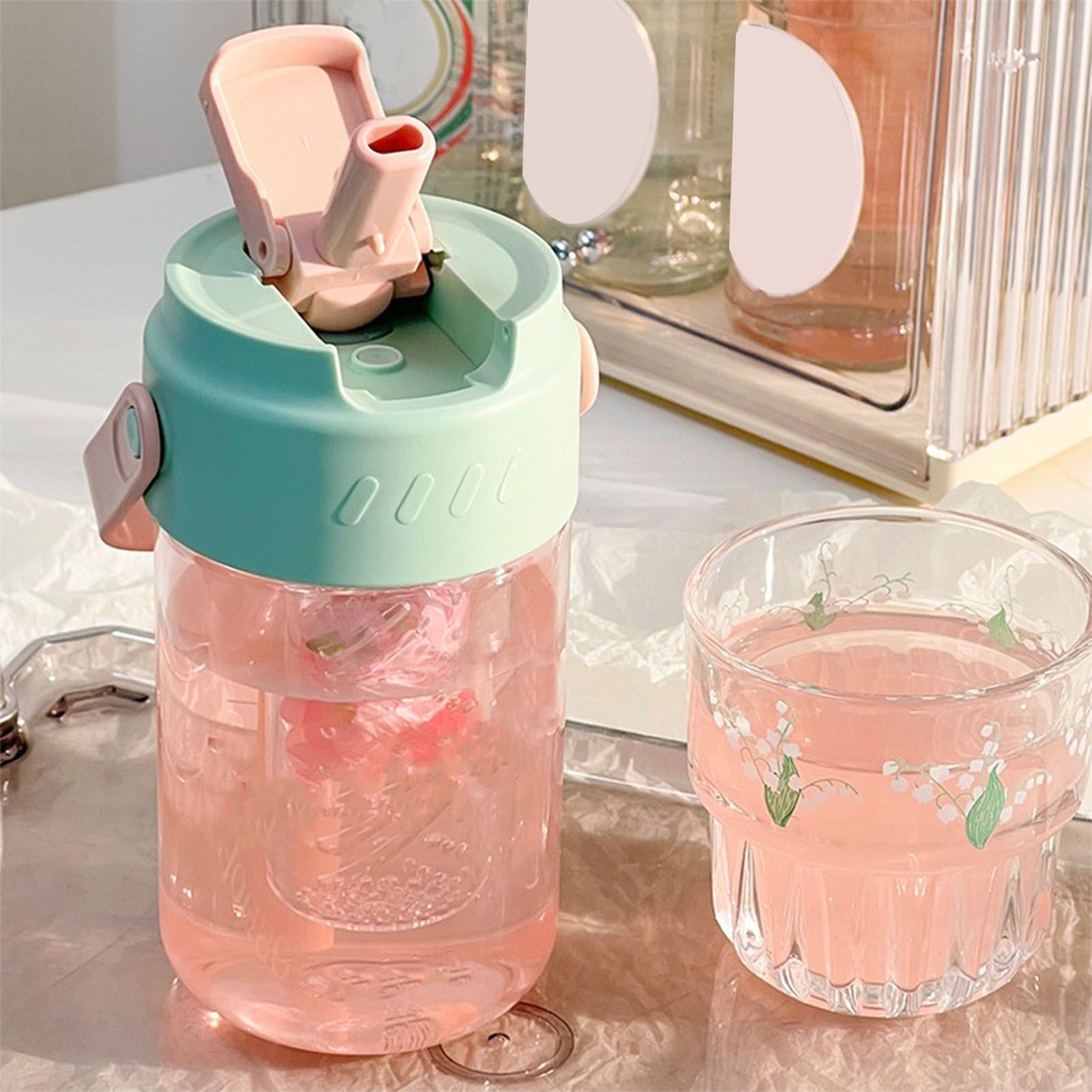 Straw Water Bottle Built in Tea Strainer with Handle PC 700ml Beautiful Cute Straw Bottle for Girls Women Green - Image 6