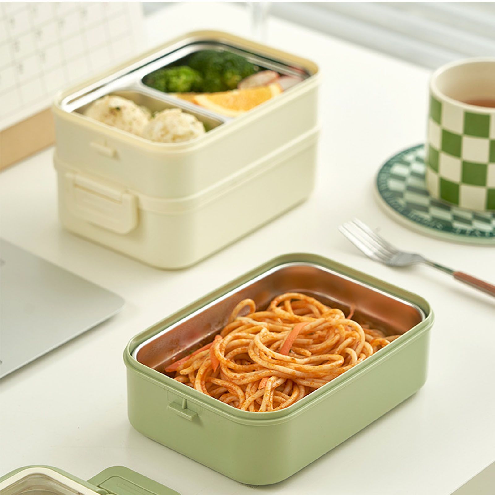 Stainless Steel Insulated Lunch Box Multiple Compartments Fashionable Safe Stainless Steel Bento Box for Students Kids Green - Image 5
