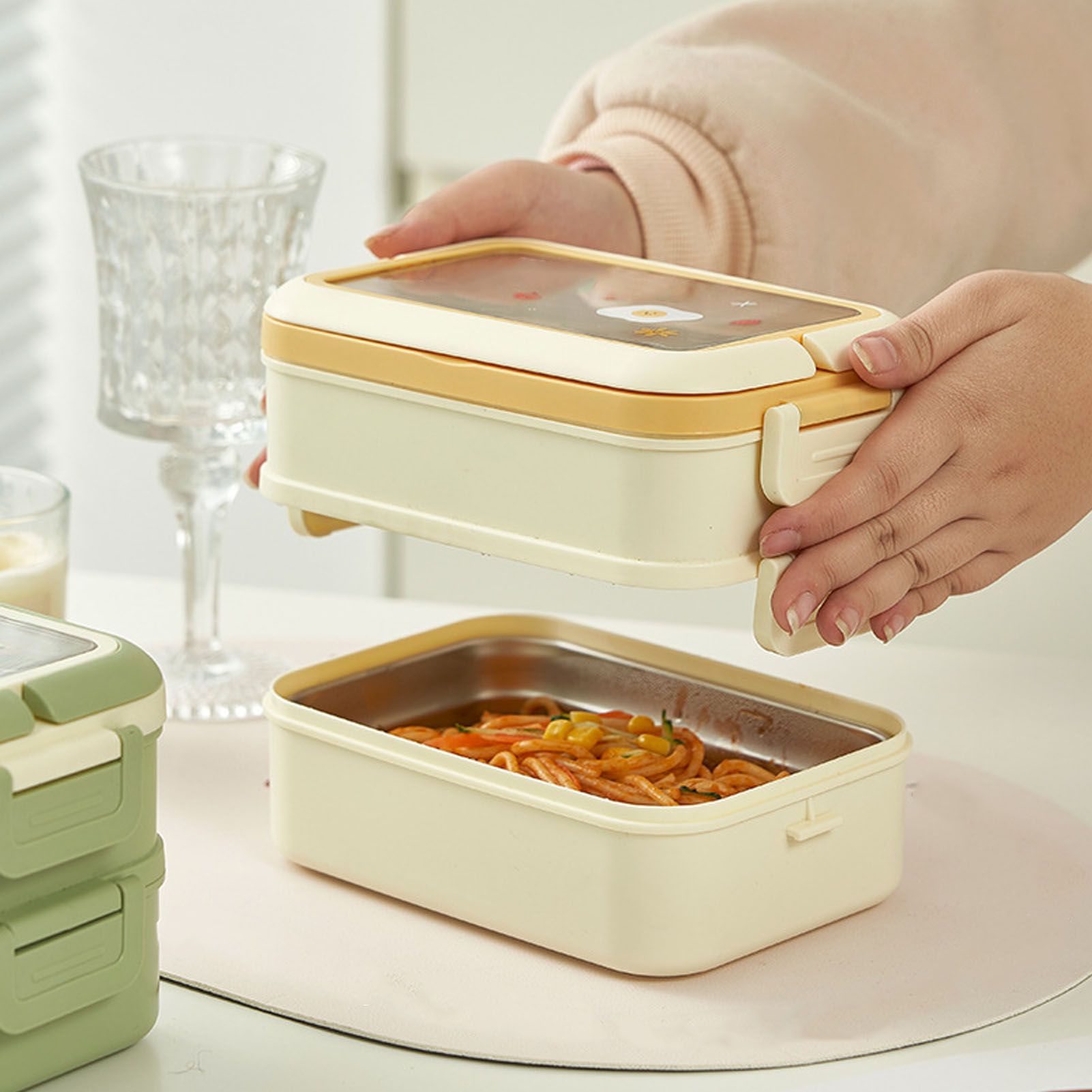 Stainless Steel Insulated Lunch Box Multiple Compartments Fashionable Safe Stainless Steel Bento Box for Students Kids Cream - Image 5