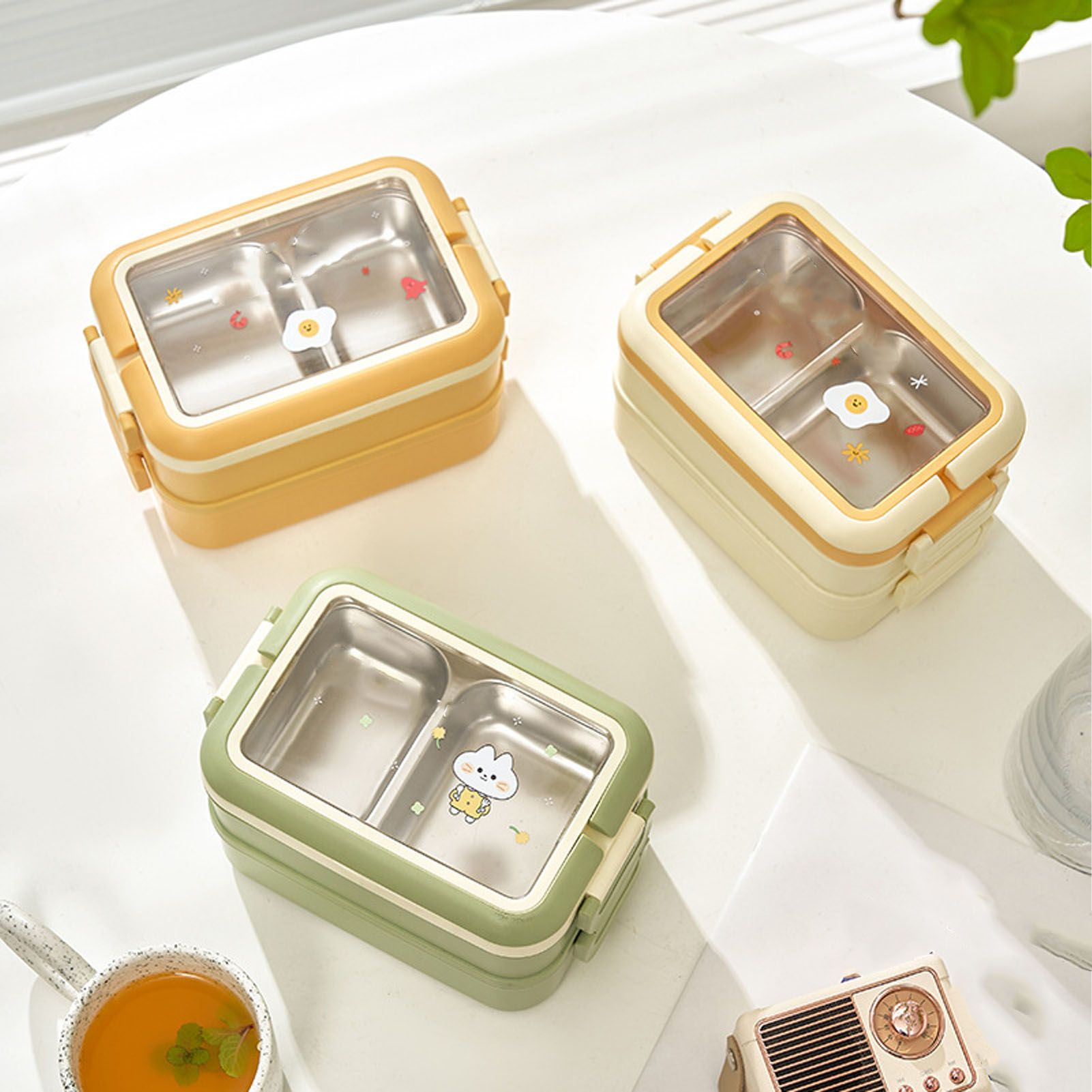 Stainless Steel Insulated Lunch Box Multiple Compartments Fashionable Safe Stainless Steel Bento Box for Students Kids Cream - Image 6