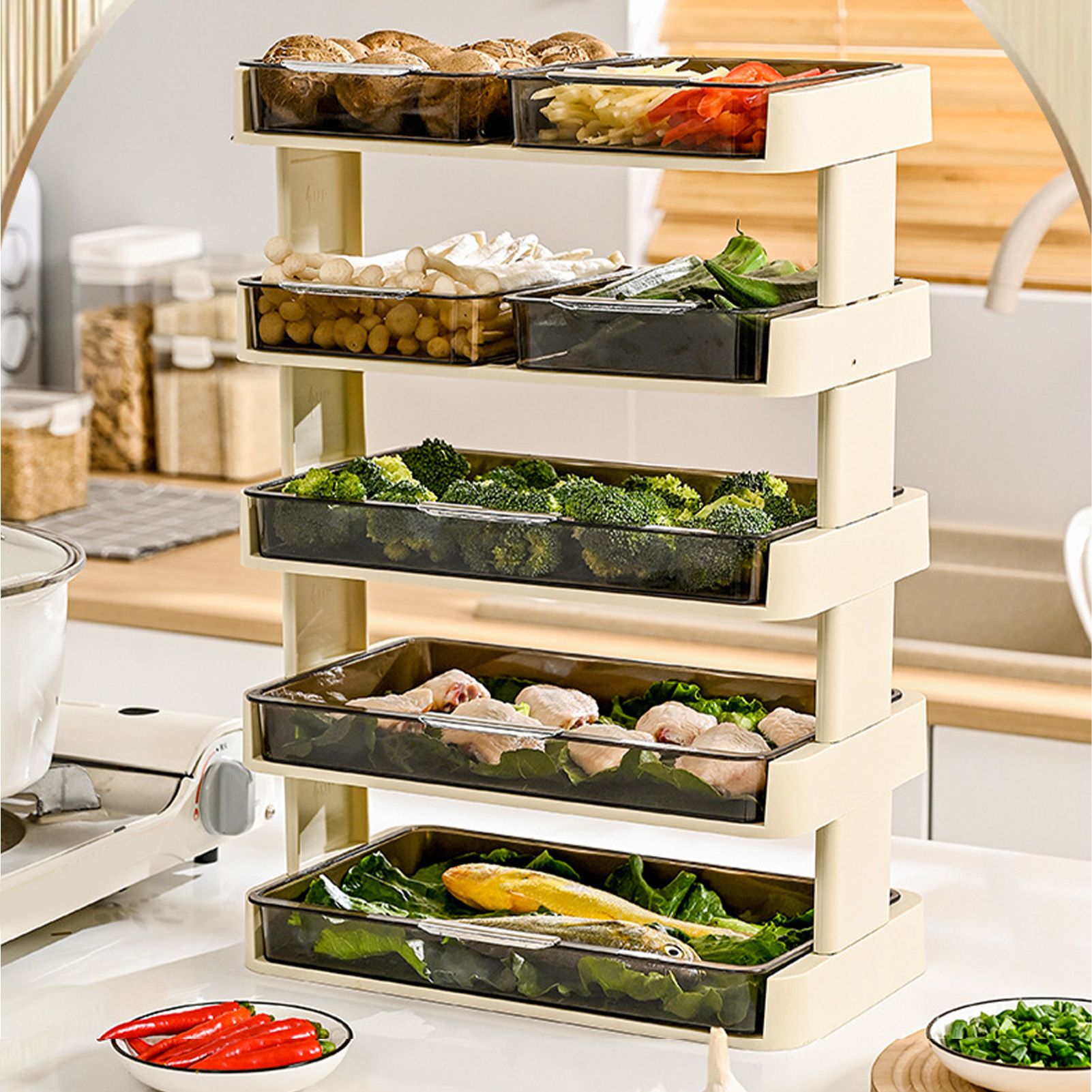 Kitchen Countertop Organizer Plastic Detachable Multifunctional Kitchen Storage Shelf Food Rack for Bedroom Bathroom Desktop Cream White 5 Tier - Image 5