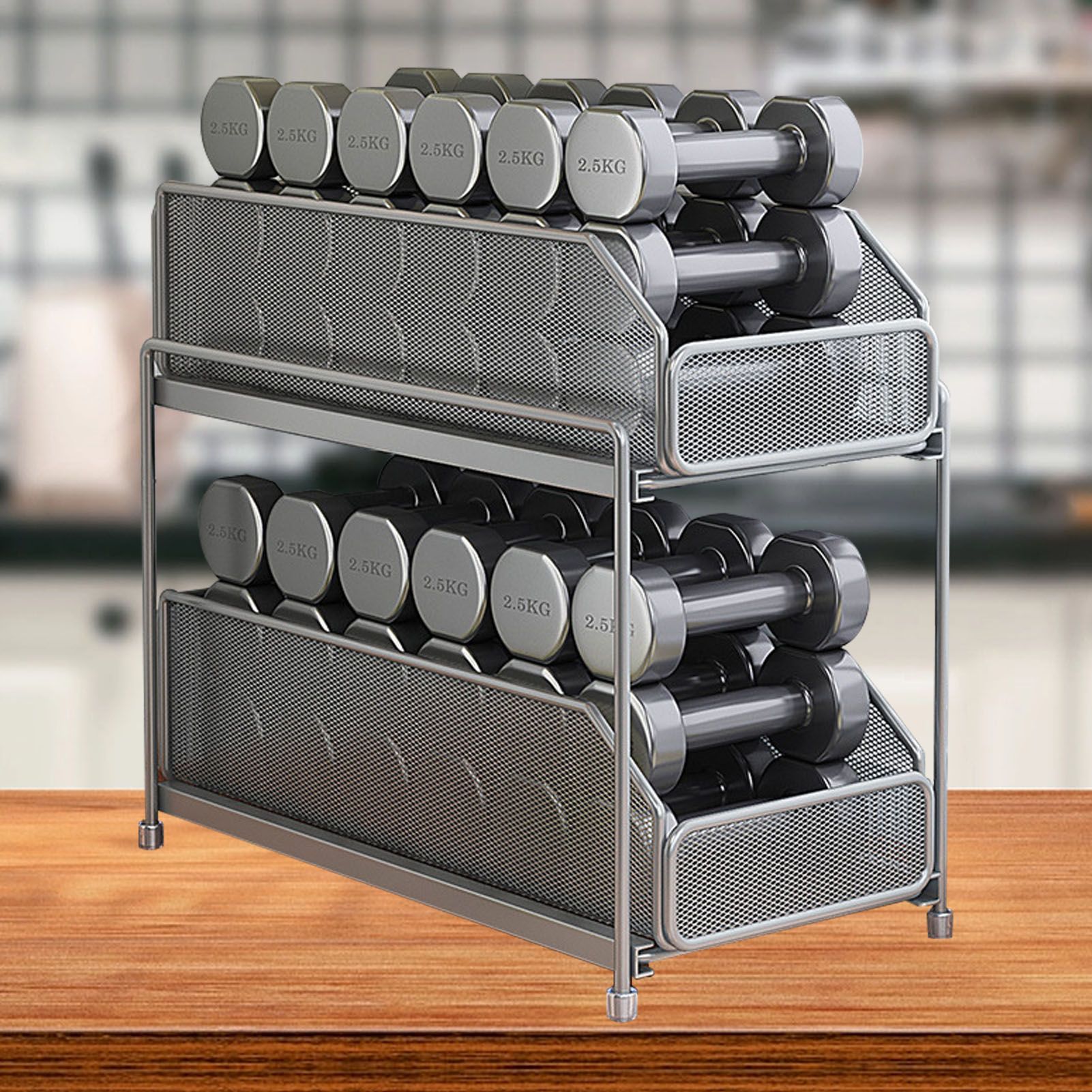 Pull Out Cabinet Organizer 2 Tier Carbon Steel Mesh Large Capacity Easy Maintenance Sliding Basket Drawer Silver - Image 2