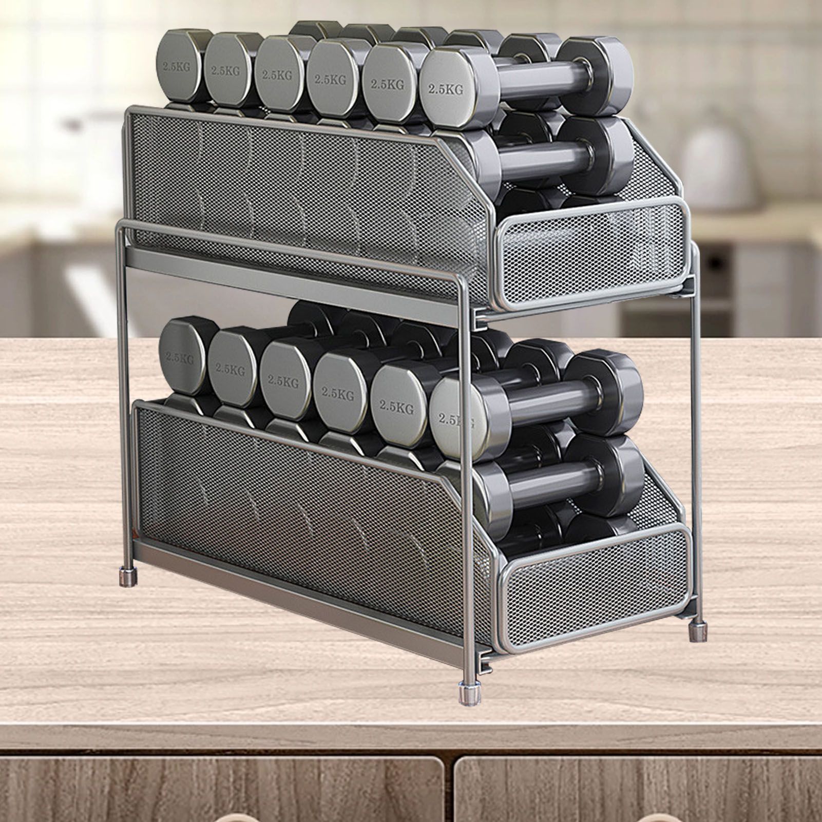 Pull Out Cabinet Organizer 2 Tier Carbon Steel Mesh Large Capacity Easy Maintenance Sliding Basket Drawer Silver - Image 4