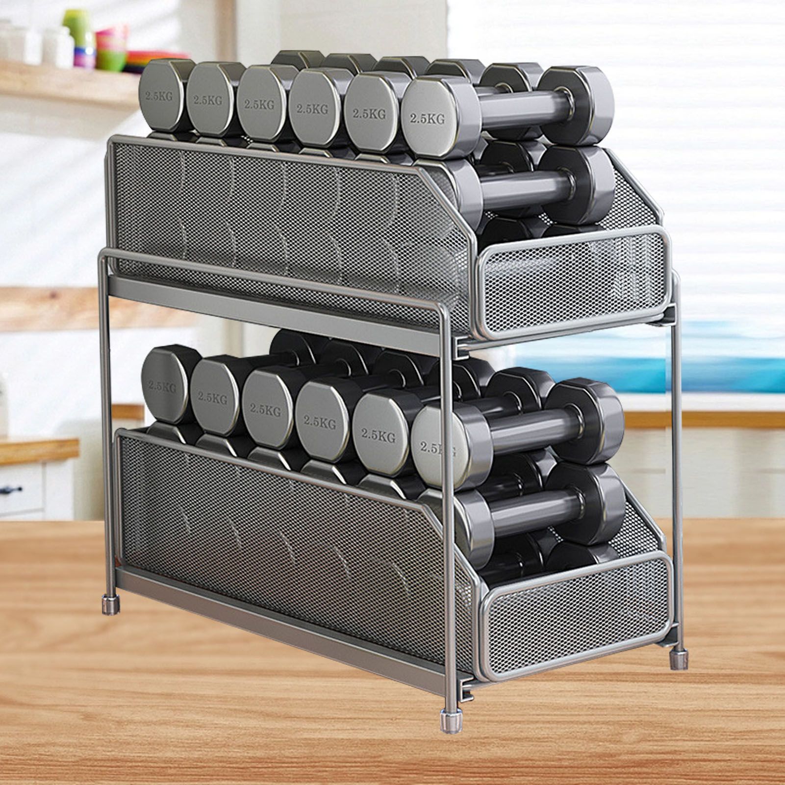 Pull Out Cabinet Organizer 2 Tier Carbon Steel Mesh Large Capacity Easy Maintenance Sliding Basket Drawer Silver - Image 6