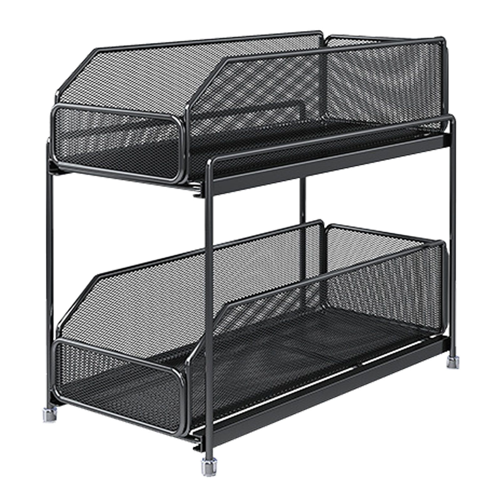 Pull Out Cabinet Organizer 2 Tier Carbon Steel Mesh Large Capacity Easy Maintenance Sliding Basket Drawer Black - Image 1