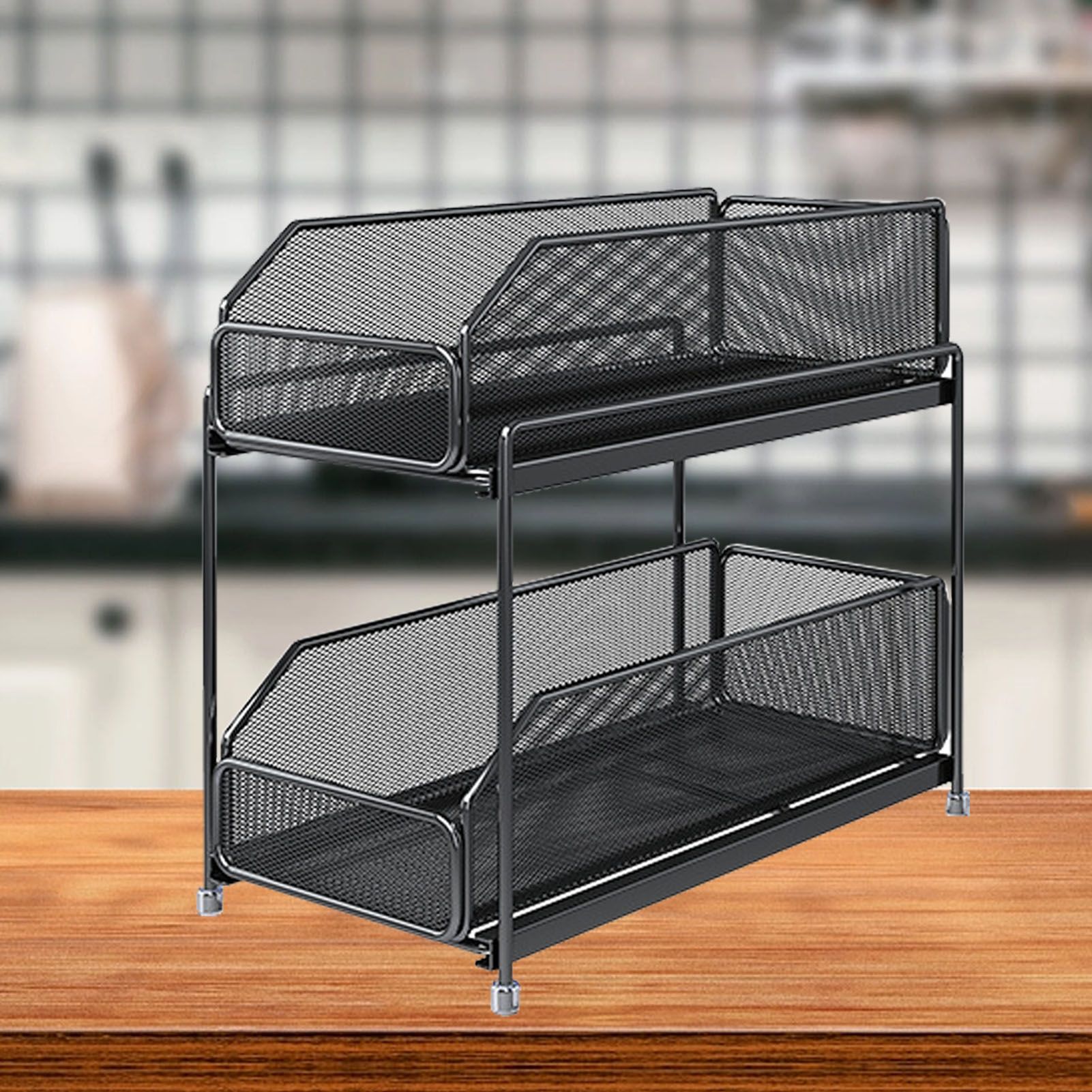Pull Out Cabinet Organizer 2 Tier Carbon Steel Mesh Large Capacity Easy Maintenance Sliding Basket Drawer Black - Image 2