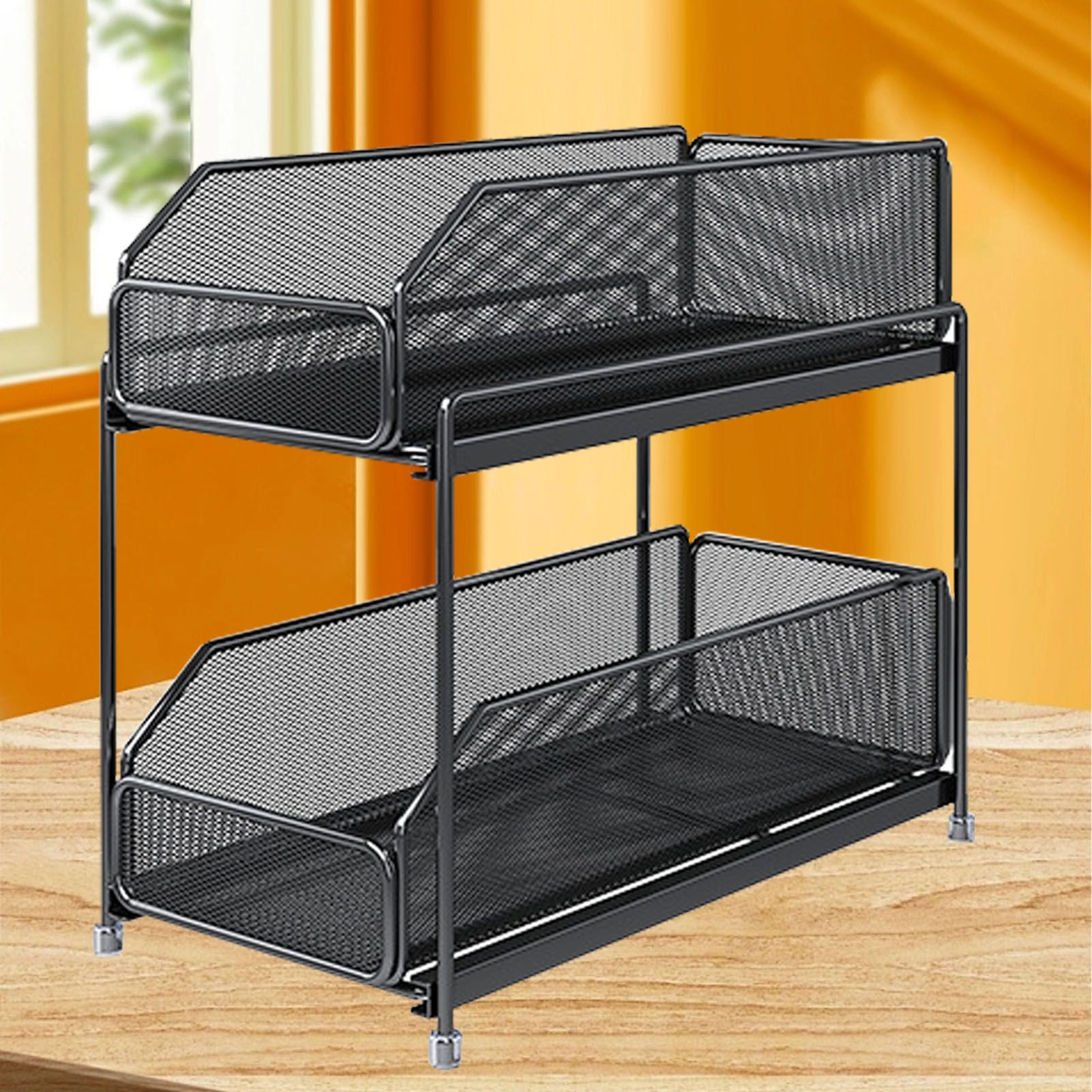 Pull Out Cabinet Organizer 2 Tier Carbon Steel Mesh Large Capacity Easy Maintenance Sliding Basket Drawer Black - Image 3