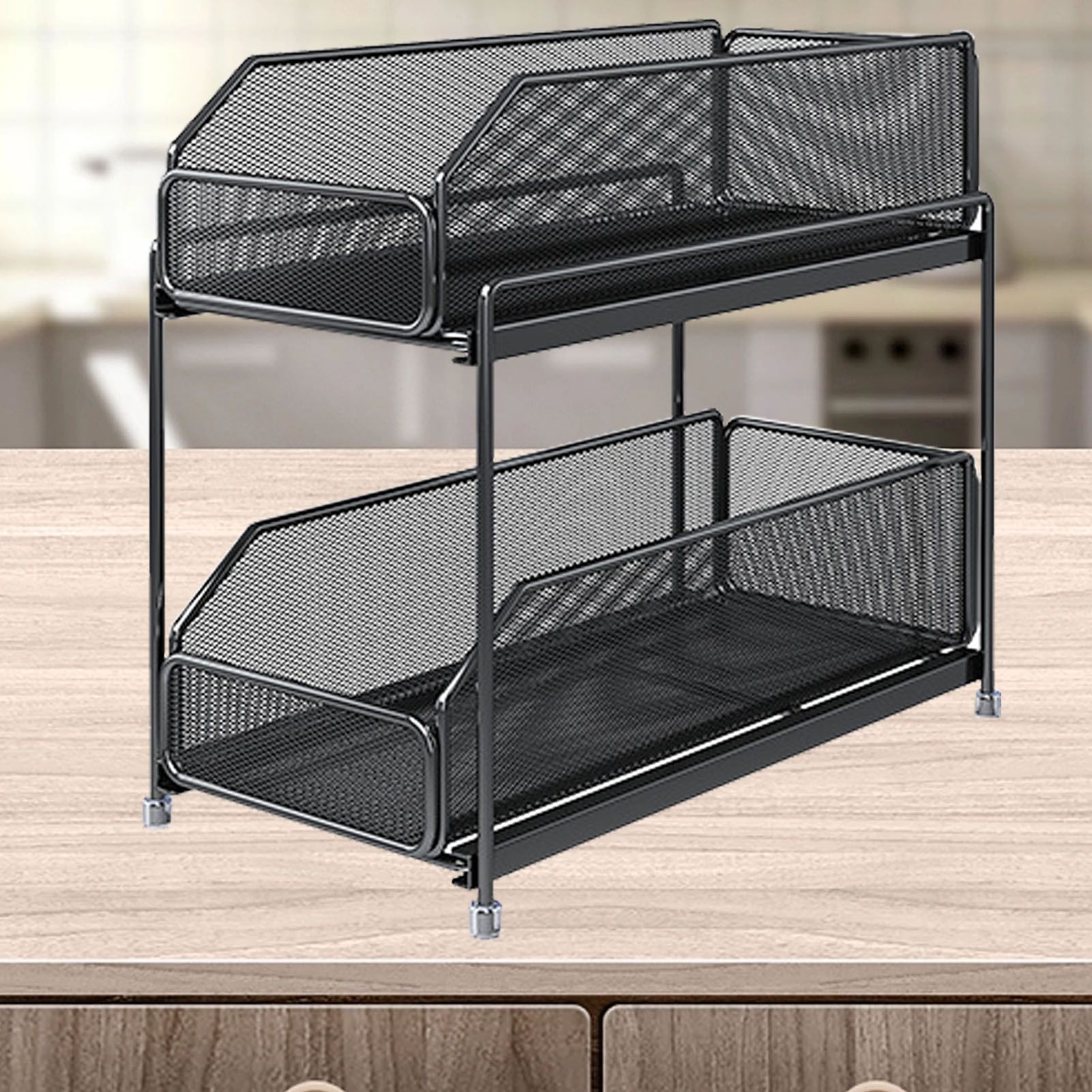 Pull Out Cabinet Organizer 2 Tier Carbon Steel Mesh Large Capacity Easy Maintenance Sliding Basket Drawer Black - Image 4