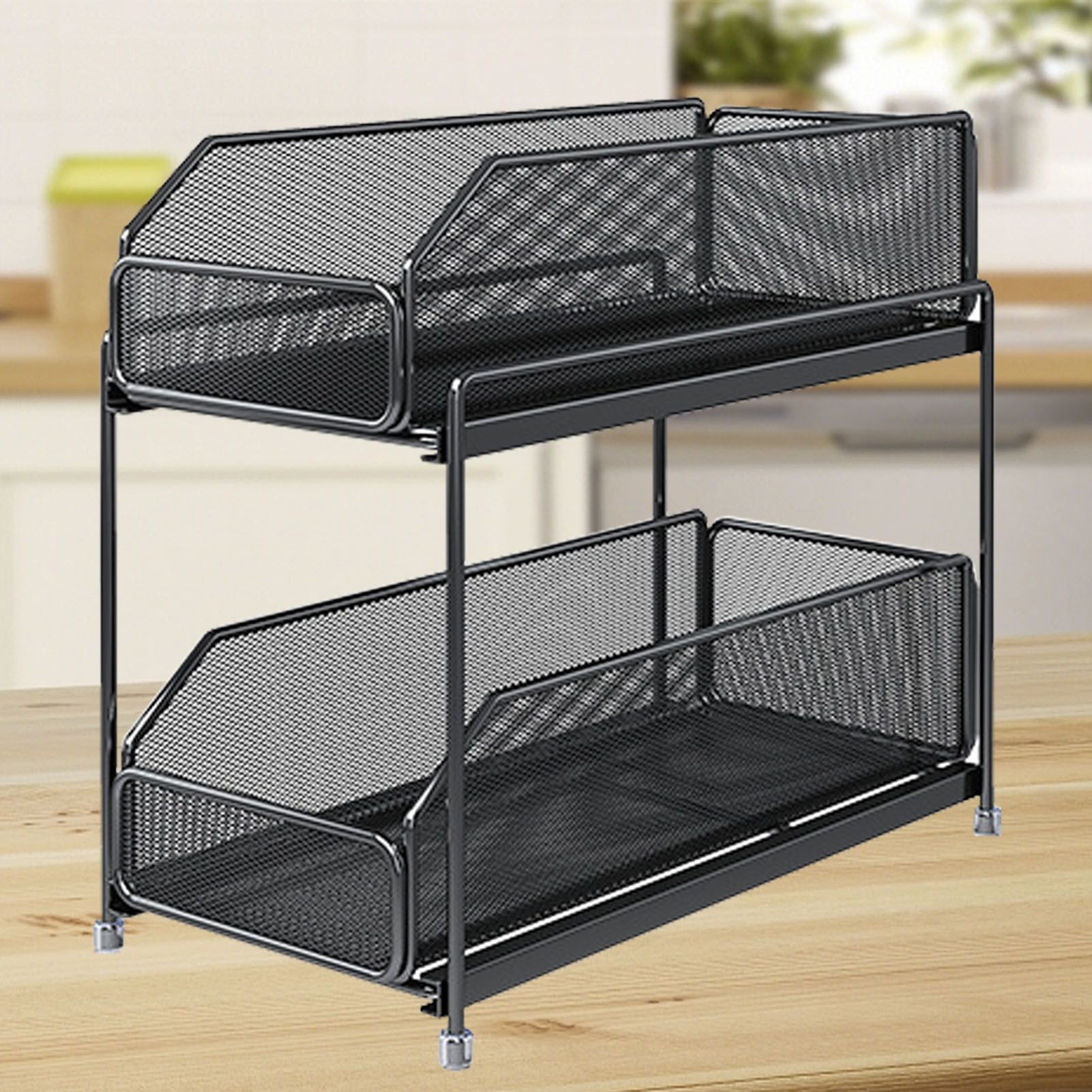 Pull Out Cabinet Organizer 2 Tier Carbon Steel Mesh Large Capacity Easy Maintenance Sliding Basket Drawer Black - Image 5