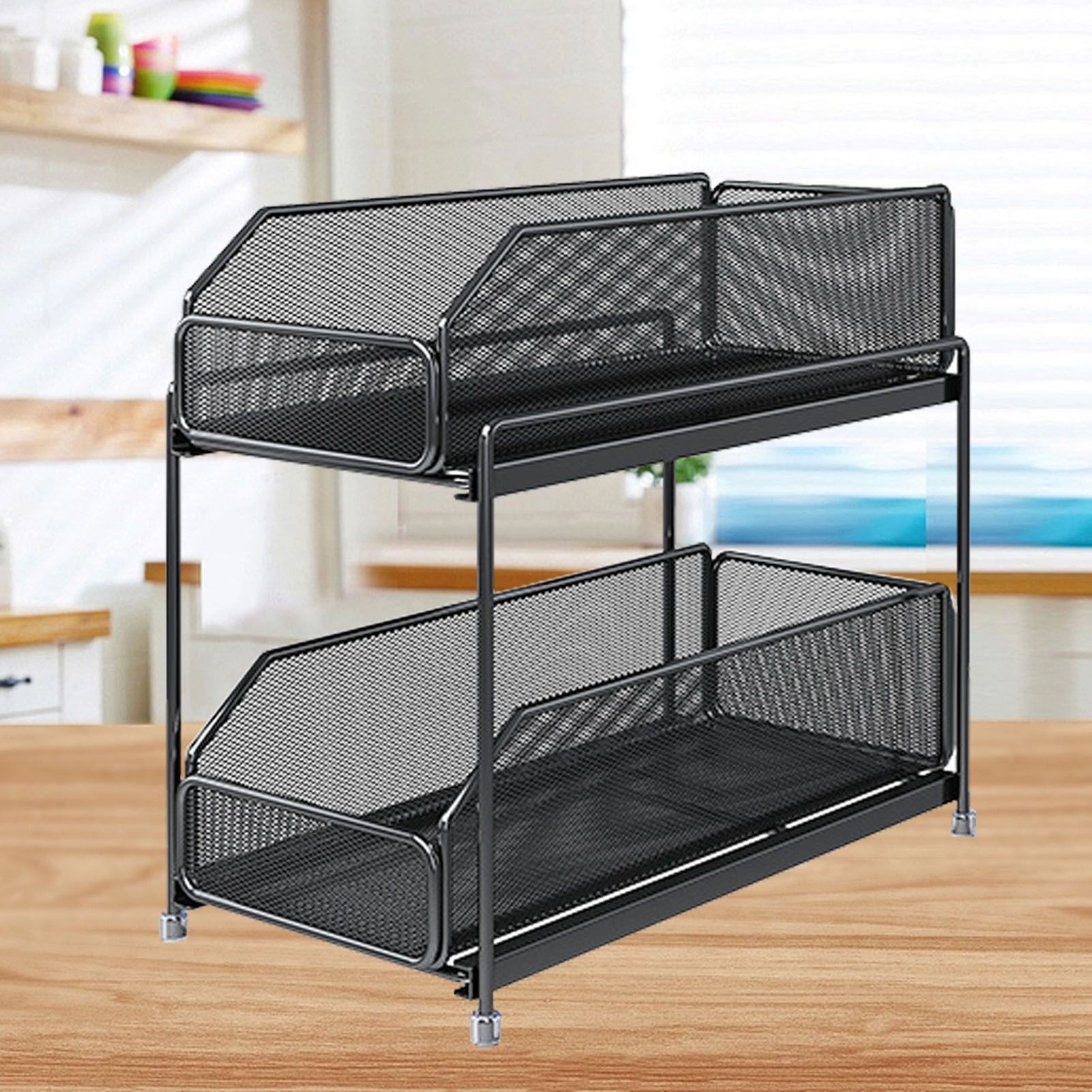 Pull Out Cabinet Organizer 2 Tier Carbon Steel Mesh Large Capacity Easy Maintenance Sliding Basket Drawer Black - Image 6
