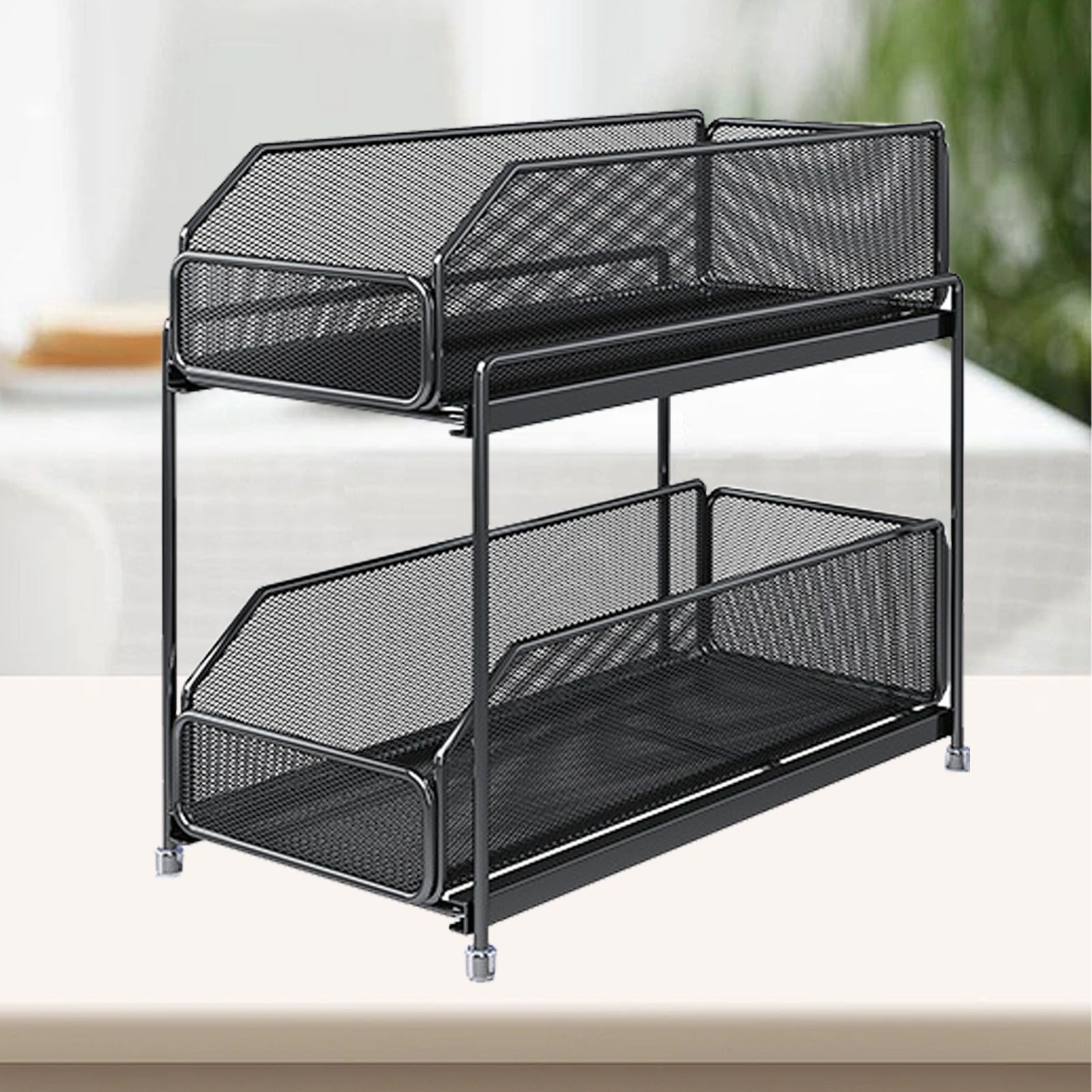 Pull Out Cabinet Organizer 2 Tier Carbon Steel Mesh Large Capacity Easy Maintenance Sliding Basket Drawer Black - Image 7