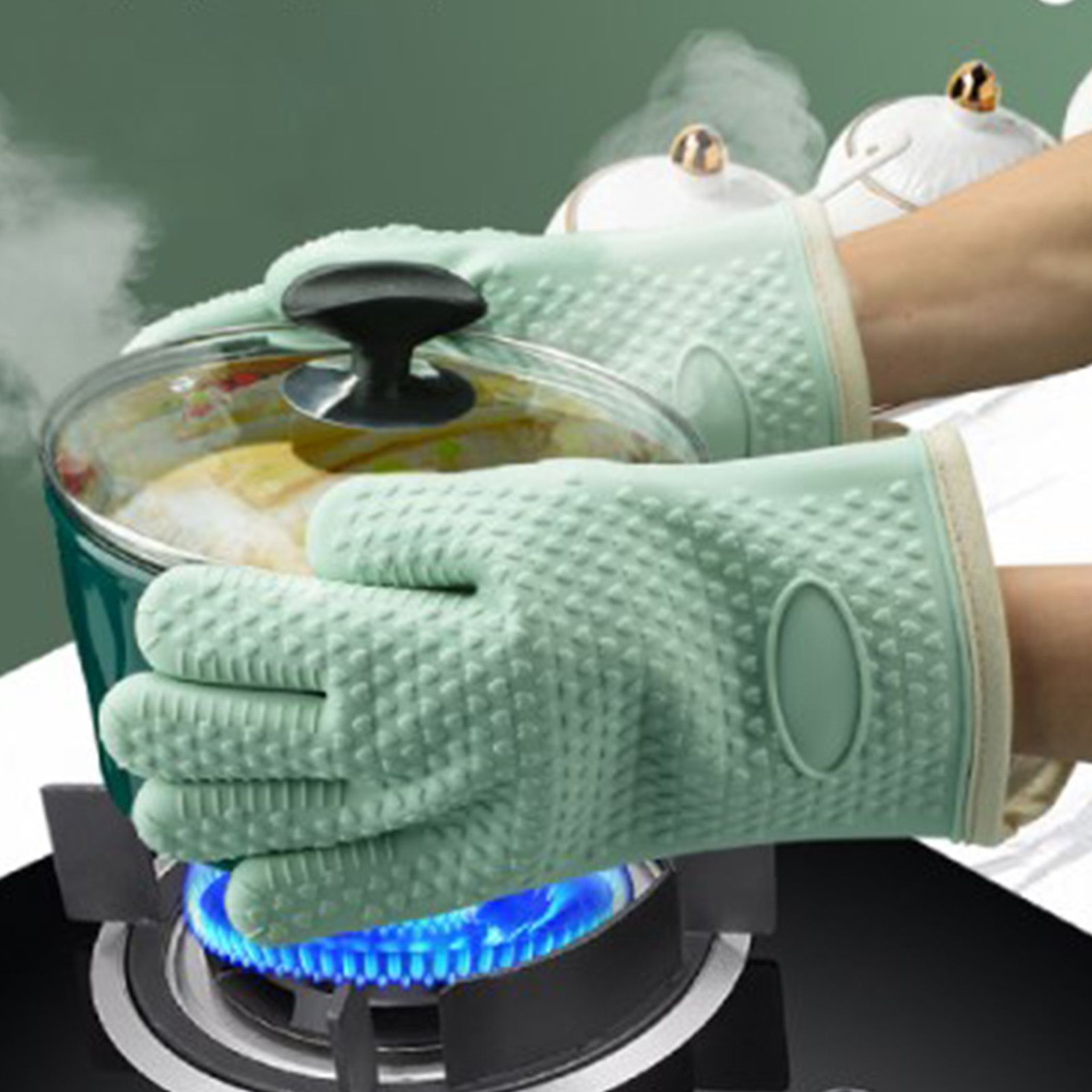 Thickened Silicone Anti Scalding Oven Glove Heat Resistant Silicone Cooking Glove for Microwave Oven Toaster Mint Green - Image 7