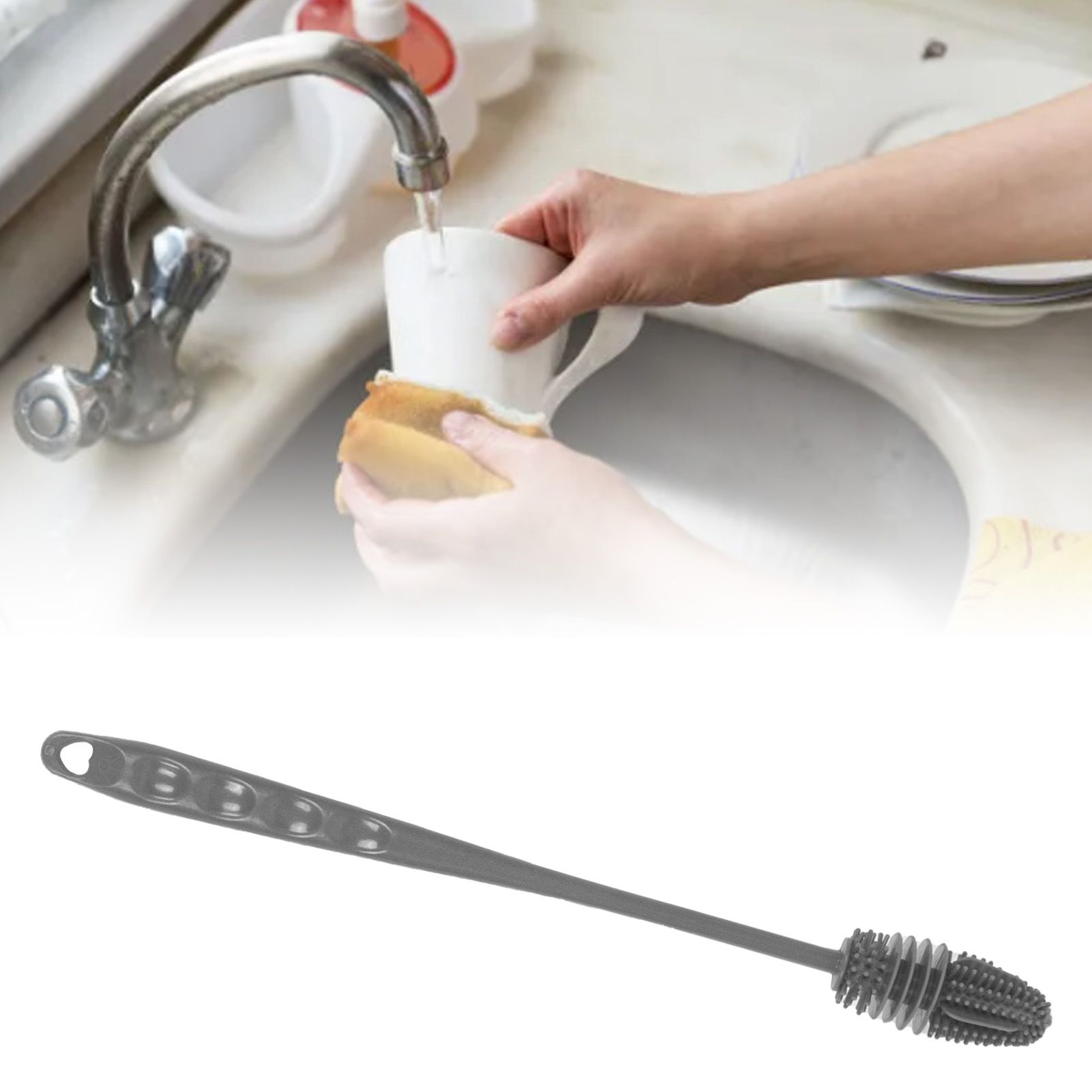 Silicone Bottle Brush Durable Long Handle Baby Bottle Cleaning Brush for Home Kitchen Office Long Grey - Image 5
