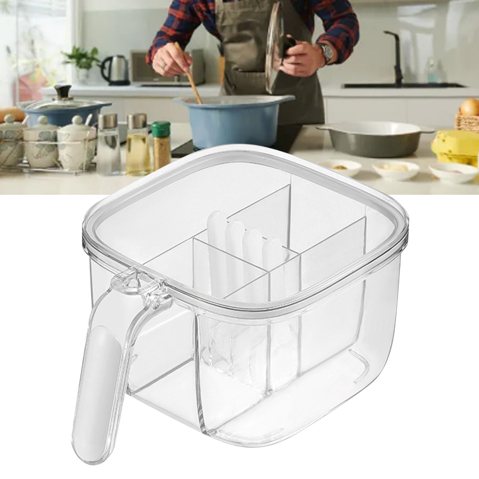 Seasoning Box 4 Compartments Transparent Window Strong PET Seasoning Jar with 4 Spoons for Home Kitchen Cooking White - Image 6