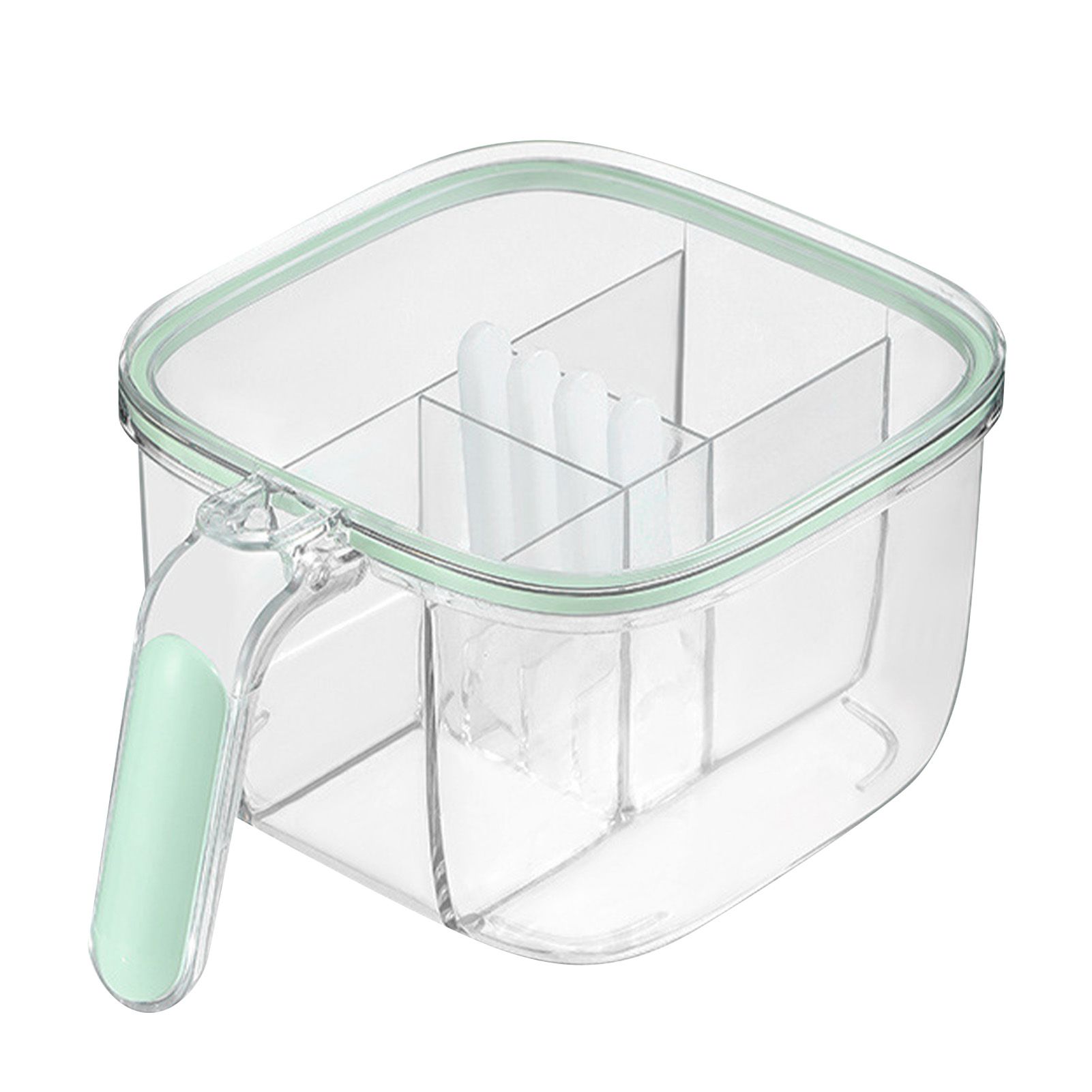 Seasoning Box 4 Compartments Transparent Window Strong PET Seasoning Jar with 4 Spoons for Home Kitchen Cooking Light Green - Image 1