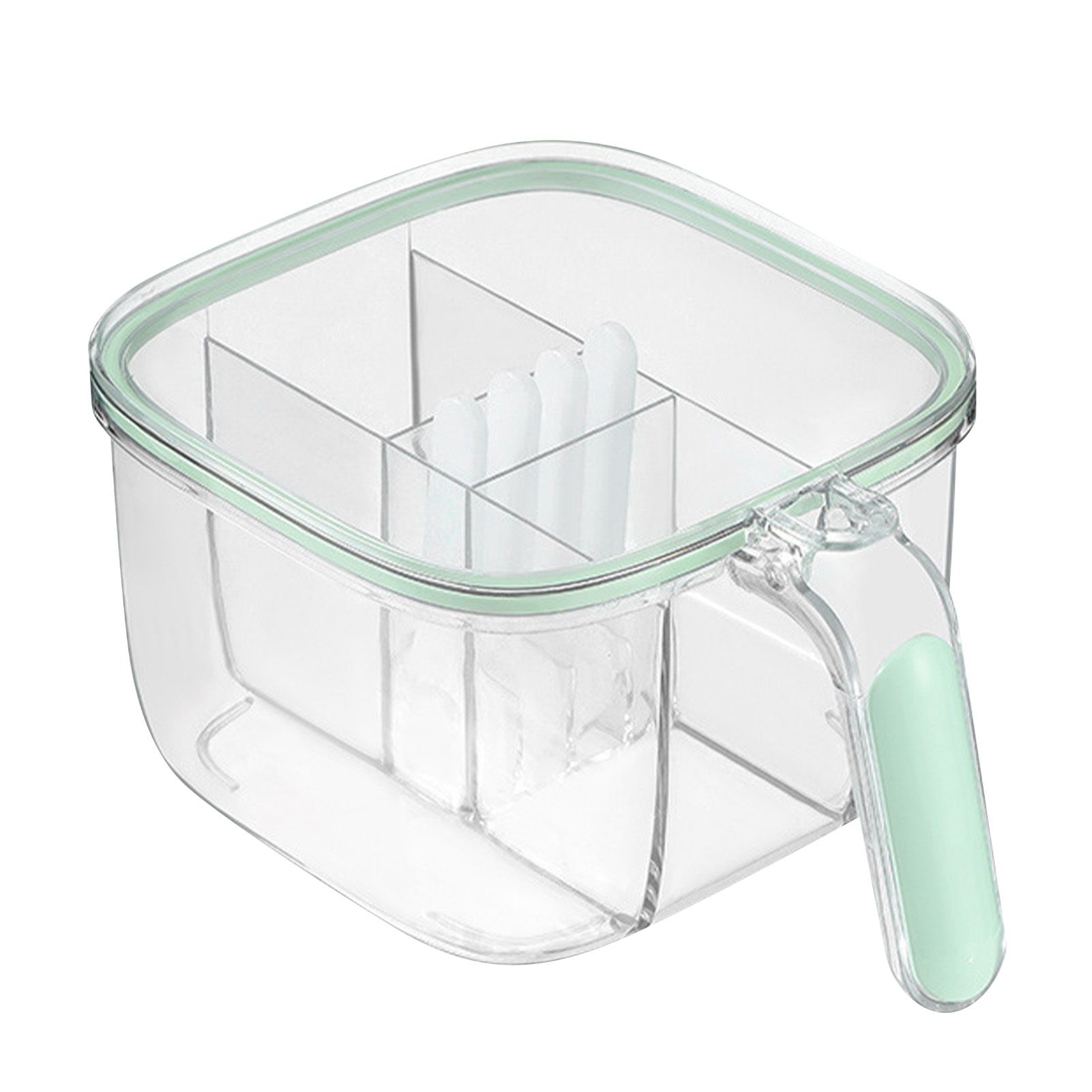 Seasoning Box 4 Compartments Transparent Window Strong PET Seasoning Jar with 4 Spoons for Home Kitchen Cooking Light Green - Image 2