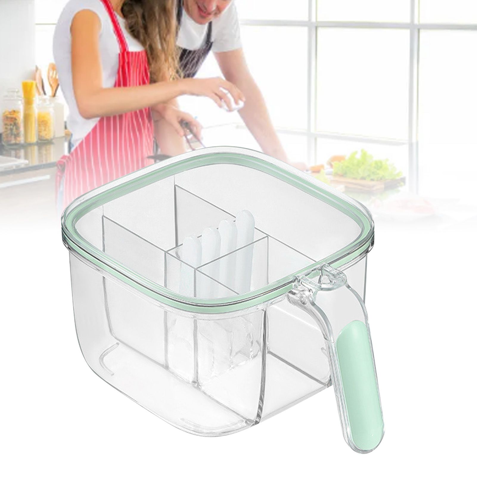 Seasoning Box 4 Compartments Transparent Window Strong PET Seasoning Jar with 4 Spoons for Home Kitchen Cooking Light Green - Image 5