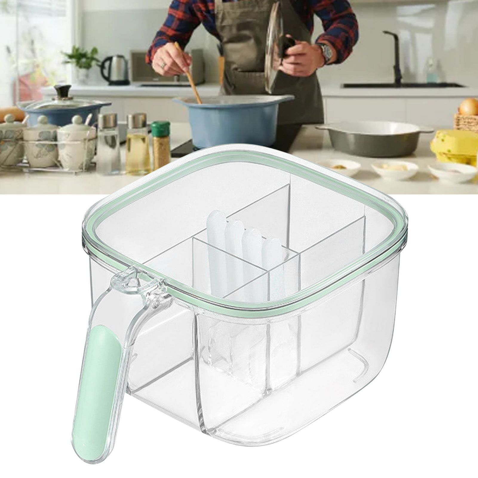 Seasoning Box 4 Compartments Transparent Window Strong PET Seasoning Jar with 4 Spoons for Home Kitchen Cooking Light Green - Image 6