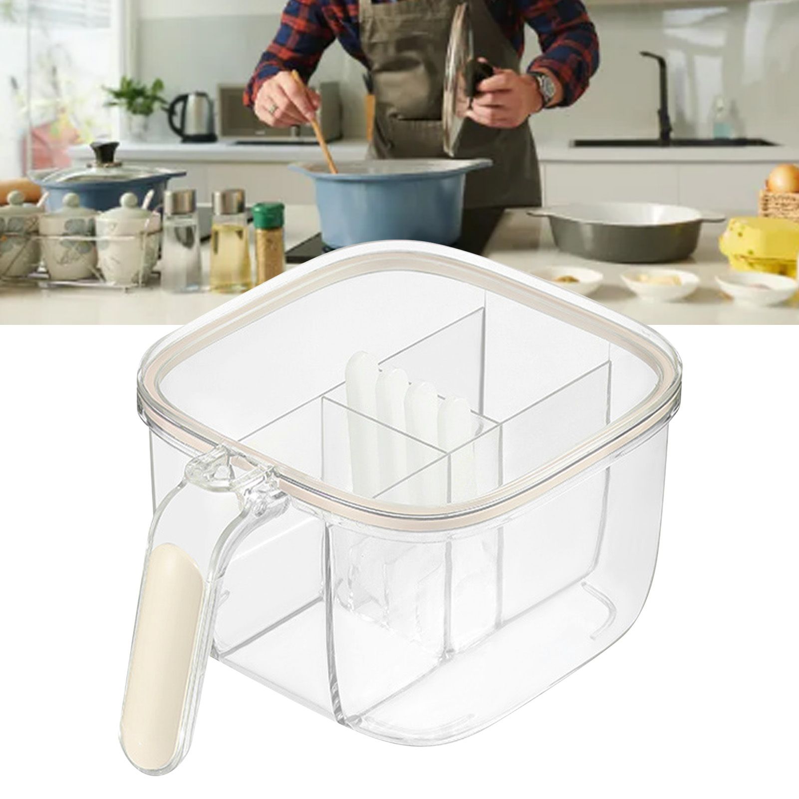 Seasoning Box 4 Compartments Transparent Window Strong PET Seasoning Jar with 4 Spoons for Home Kitchen Cooking Milk Yellow - Image 5