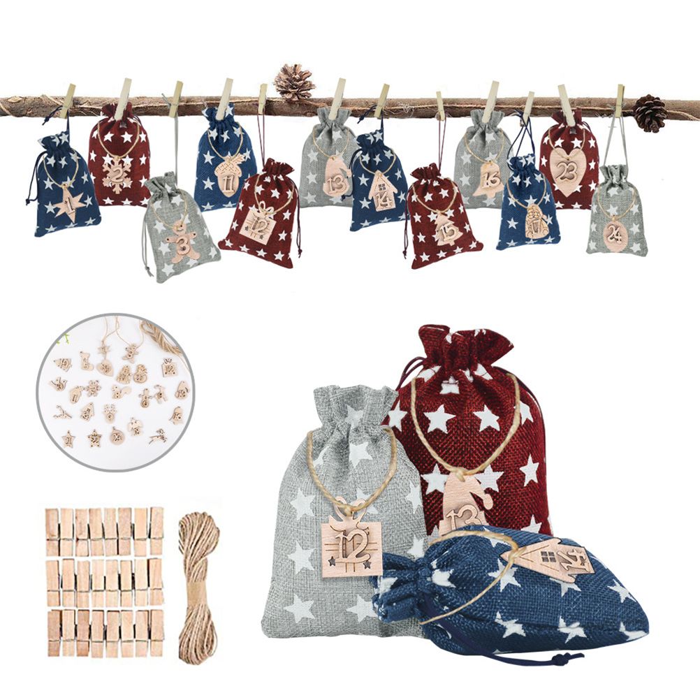 Advent Calendar Gift Bags DIY Countdown Calendar Christmas Bags with Drawstring 24 Days Hanging Gift Bags for Christmas Decorations Wood Board - Image 3