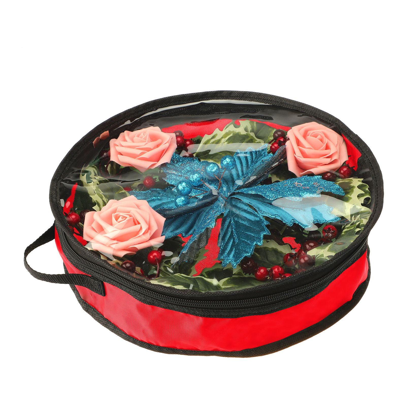 Wreath Storage Bag Christmas Holiday Decoration 420D Nylon 24in Transparent PVC Red L 21x17x4cm - Image 3