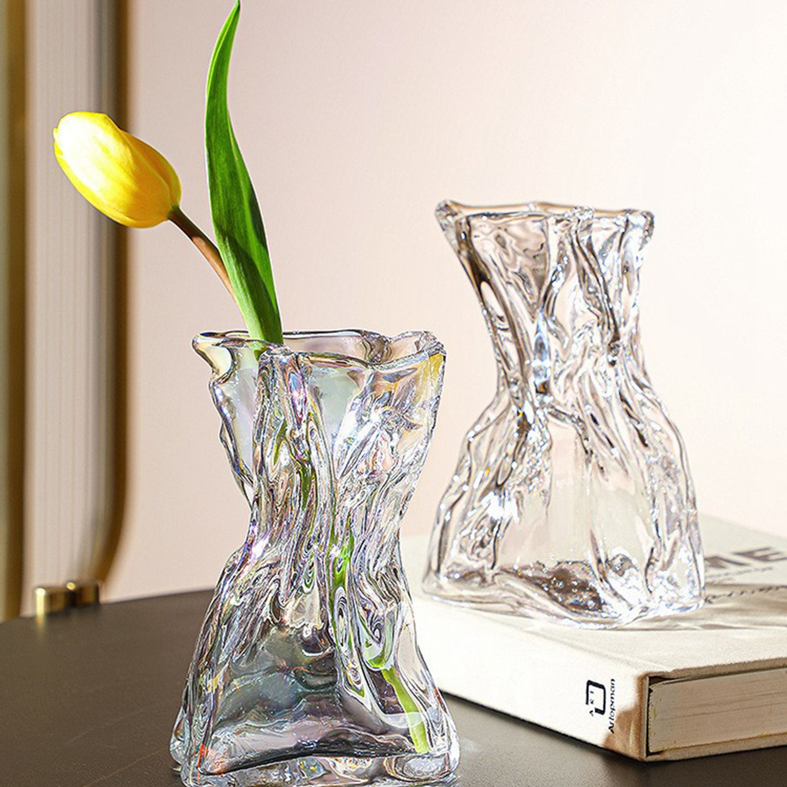 Pleated Glass Vase Light Luxury Hydroponic Vase Living Room Dining Table Dried Flower Vase Flower Arrangement Ornaments - Image 5