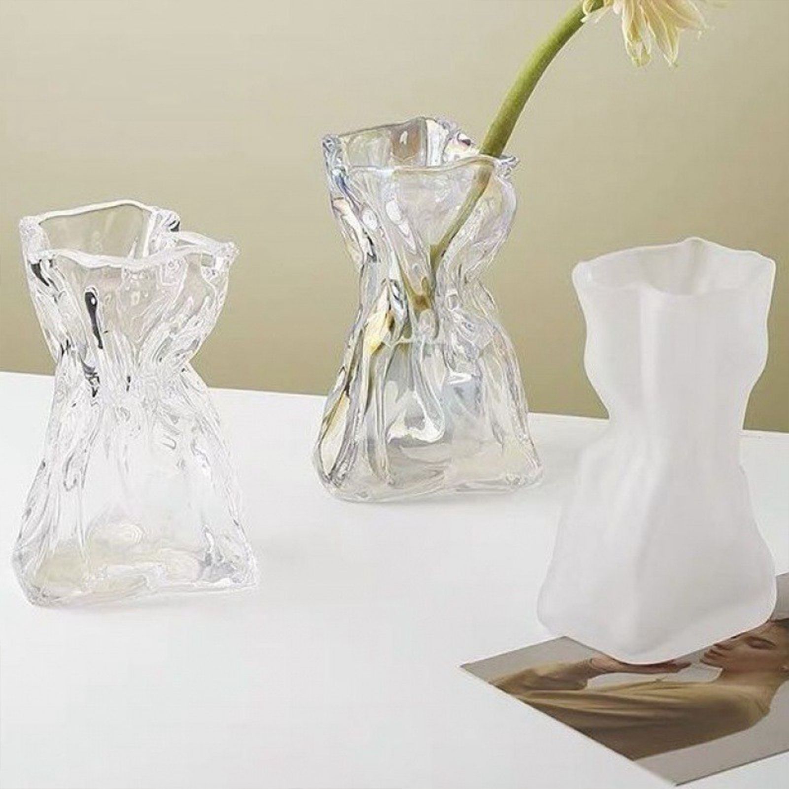Pleated Glass Vase Light Luxury Hydroponic Vase Living Room Dining Table Dried Flower Vase Flower Arrangement Ornaments - Image 7
