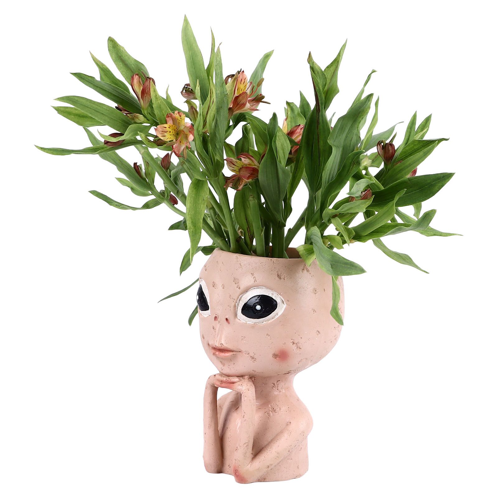 Head Planter Resin Unique Succulent Flower Pot Open Eyed Alien Face Planter Desktop Ornament with Drainage Hole for Indoor Outdoor Decoration - Image 3