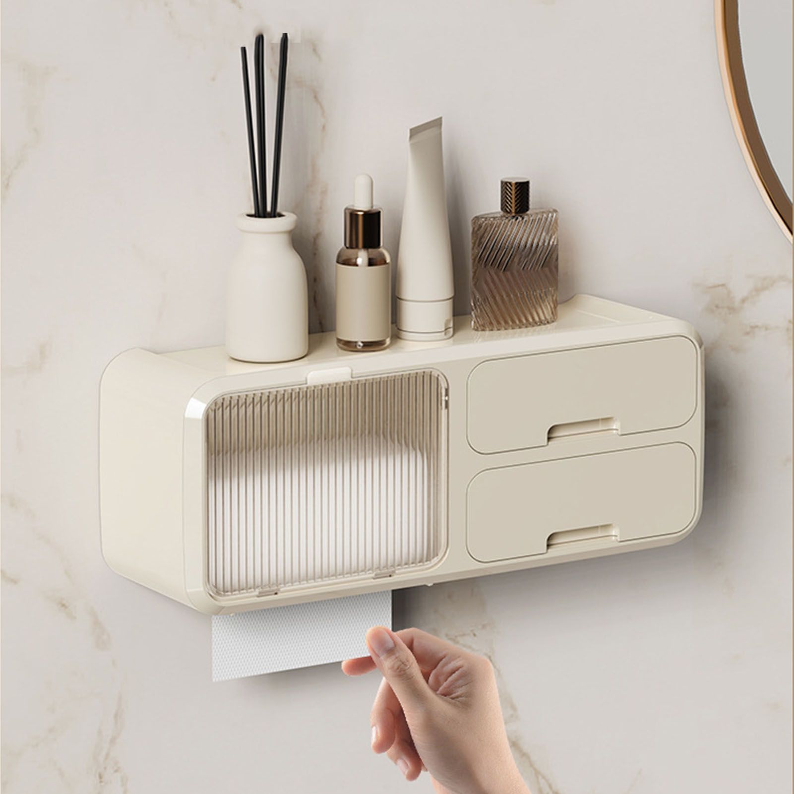 Drill Free Bathroom Tissue Storage Box Waterproof Bathroom Toilet Paper Holder Wall Mounted Toilet Paper Organizer Beige - Image 5
