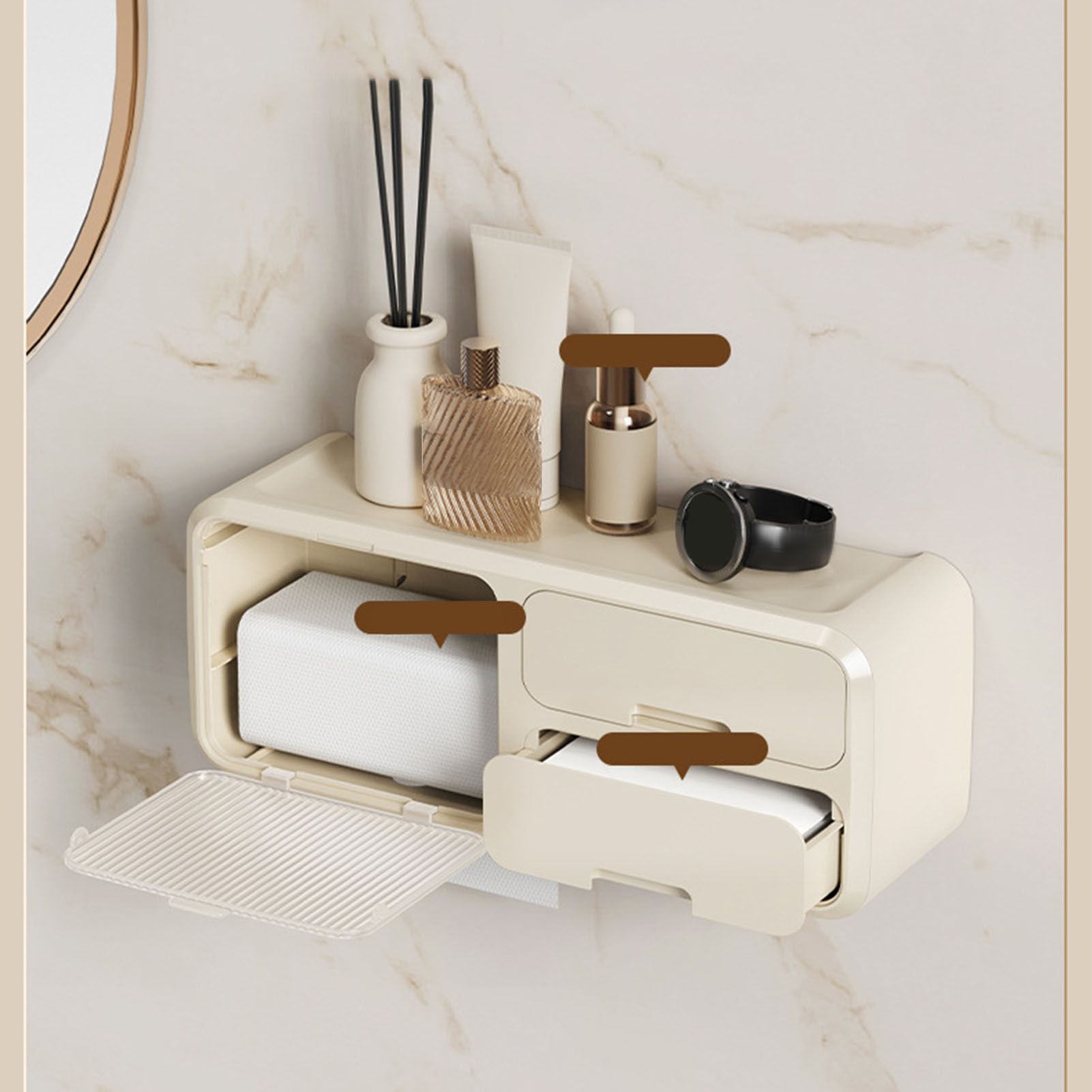Drill Free Bathroom Tissue Storage Box Waterproof Bathroom Toilet Paper Holder Wall Mounted Toilet Paper Organizer Beige - Image 6