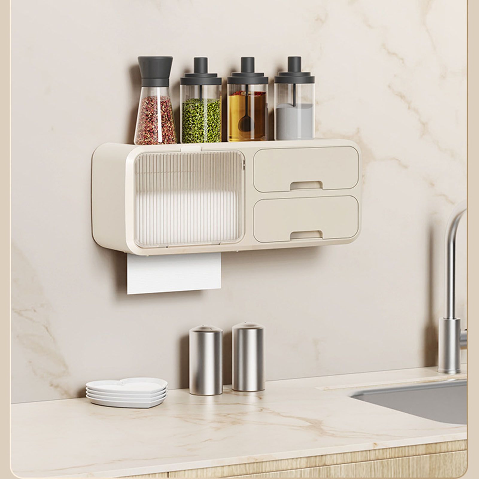 Drill Free Bathroom Tissue Storage Box Waterproof Bathroom Toilet Paper Holder Wall Mounted Toilet Paper Organizer Beige - Image 7