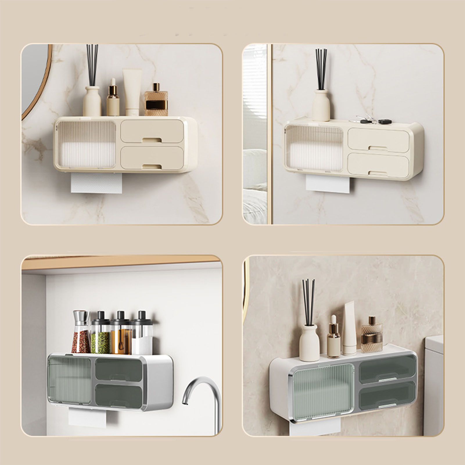 Drill Free Bathroom Tissue Storage Box Waterproof Bathroom Toilet Paper Holder Wall Mounted Toilet Paper Organizer Beige - Image 8